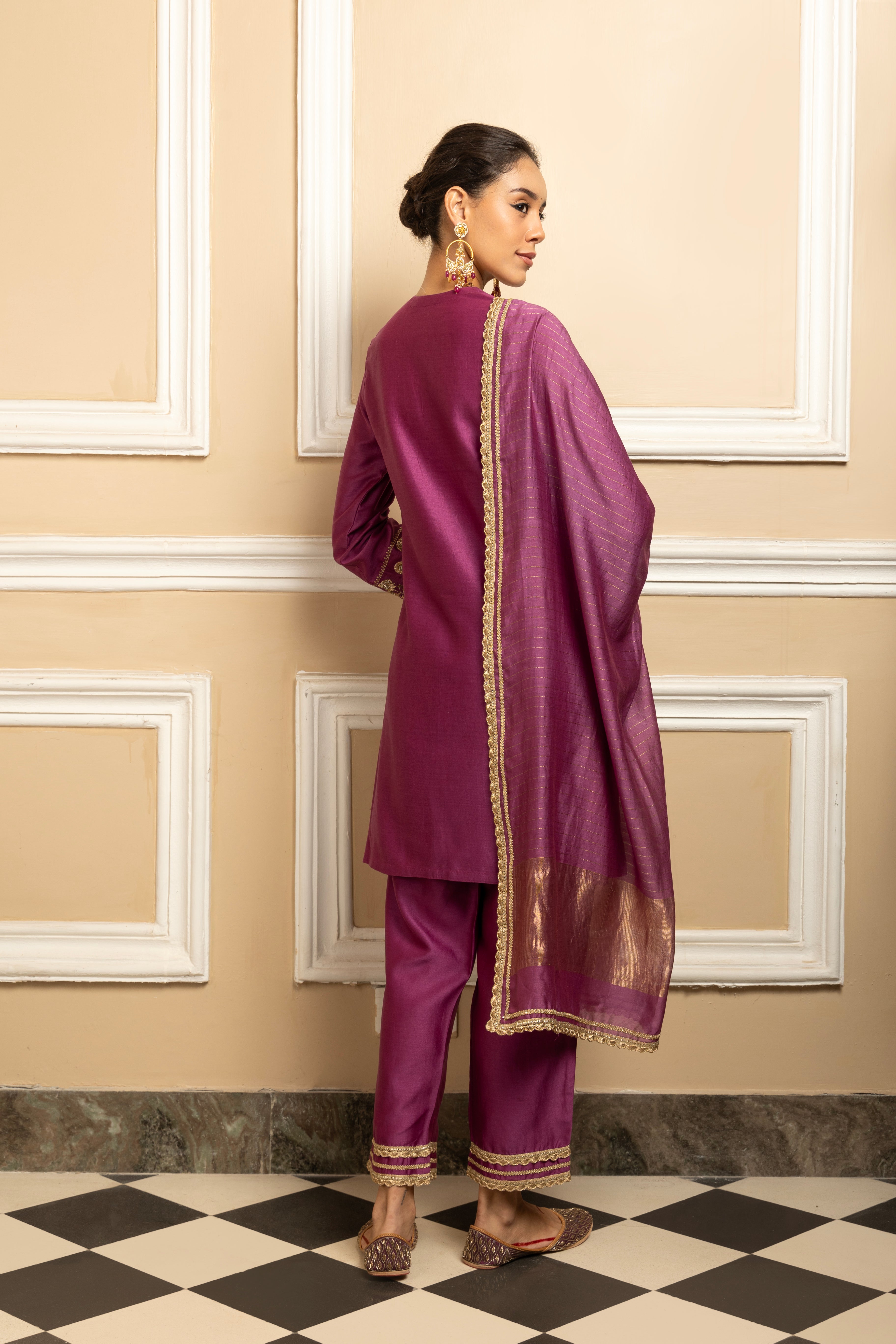 ZAHRA PURPLE SILK CHANDERI HANDCRAFTED KURTA SET