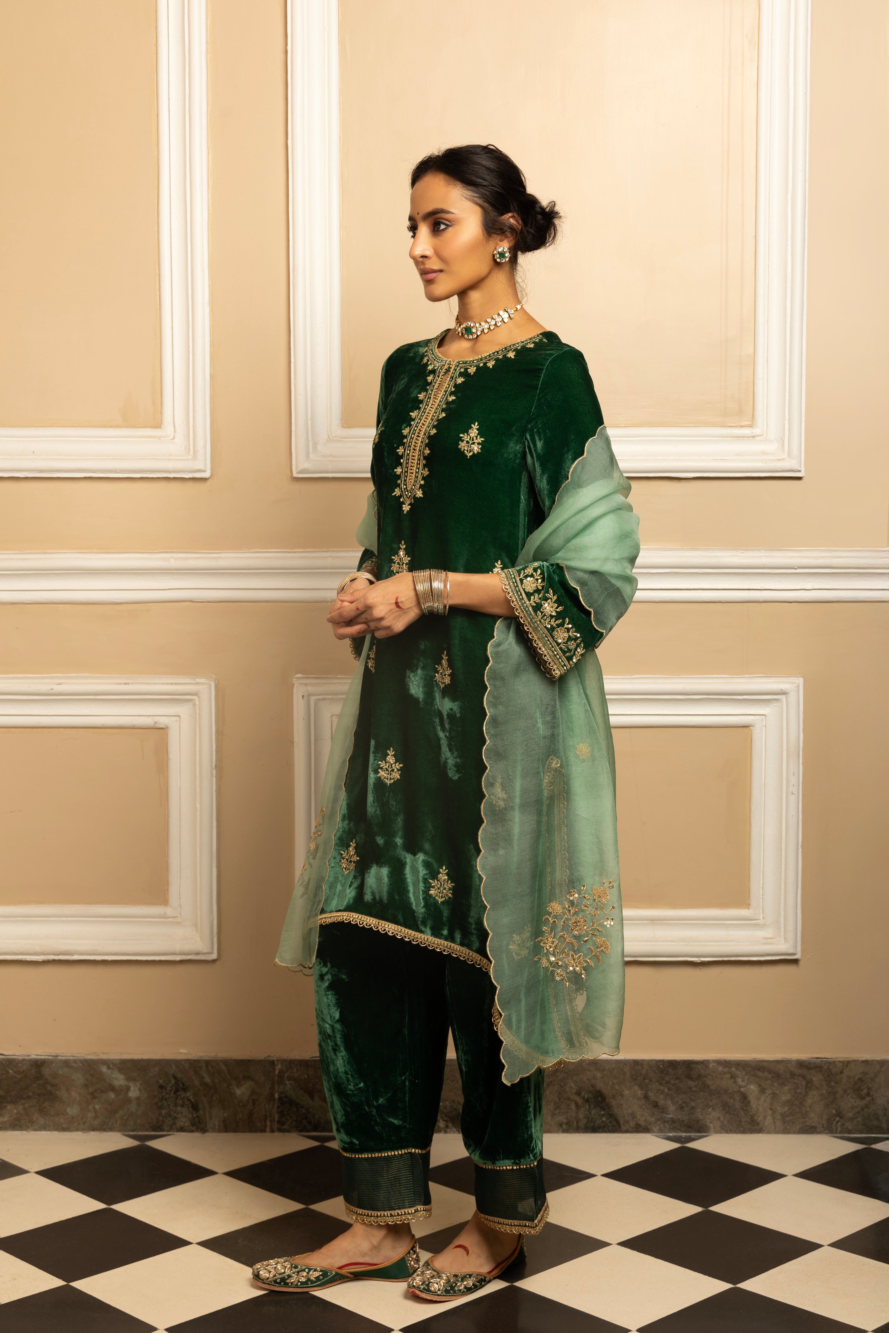 MEHFIL GREEN SILK VELVET HANDCRAFTED KURTA SET