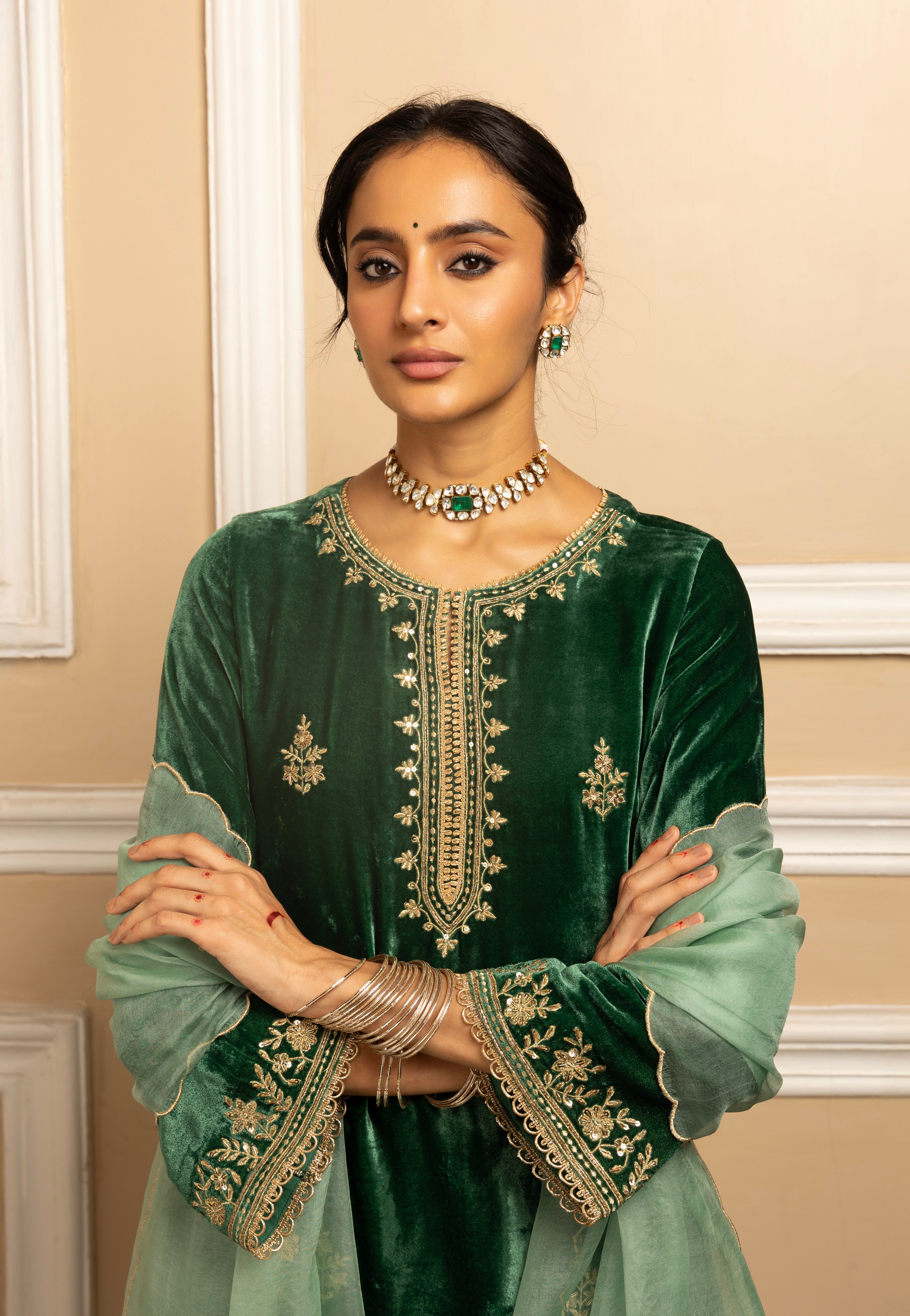 MEHFIL GREEN SILK VELVET HANDCRAFTED KURTA SET