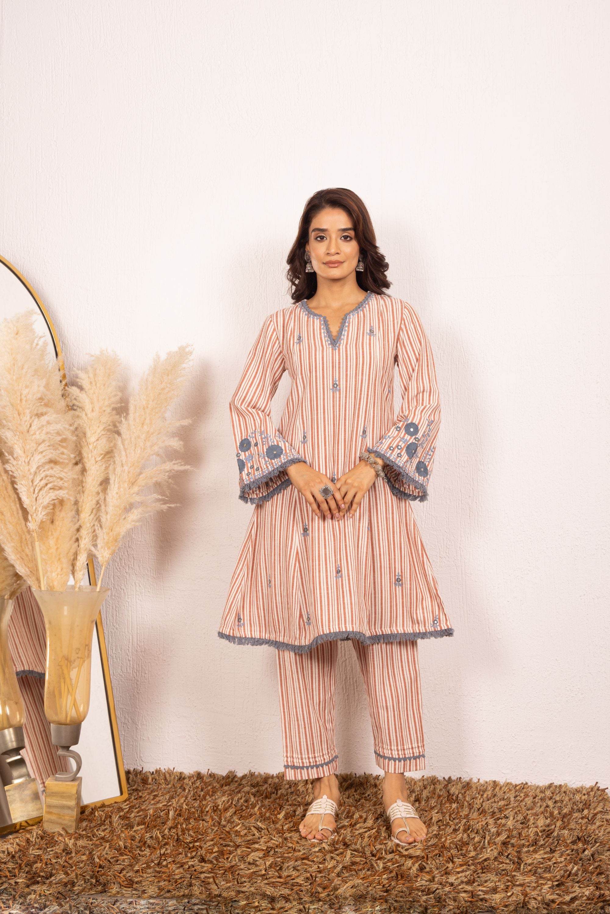 SARA RED Embroidered Yarn Dyed Handcrafted Kurta Set