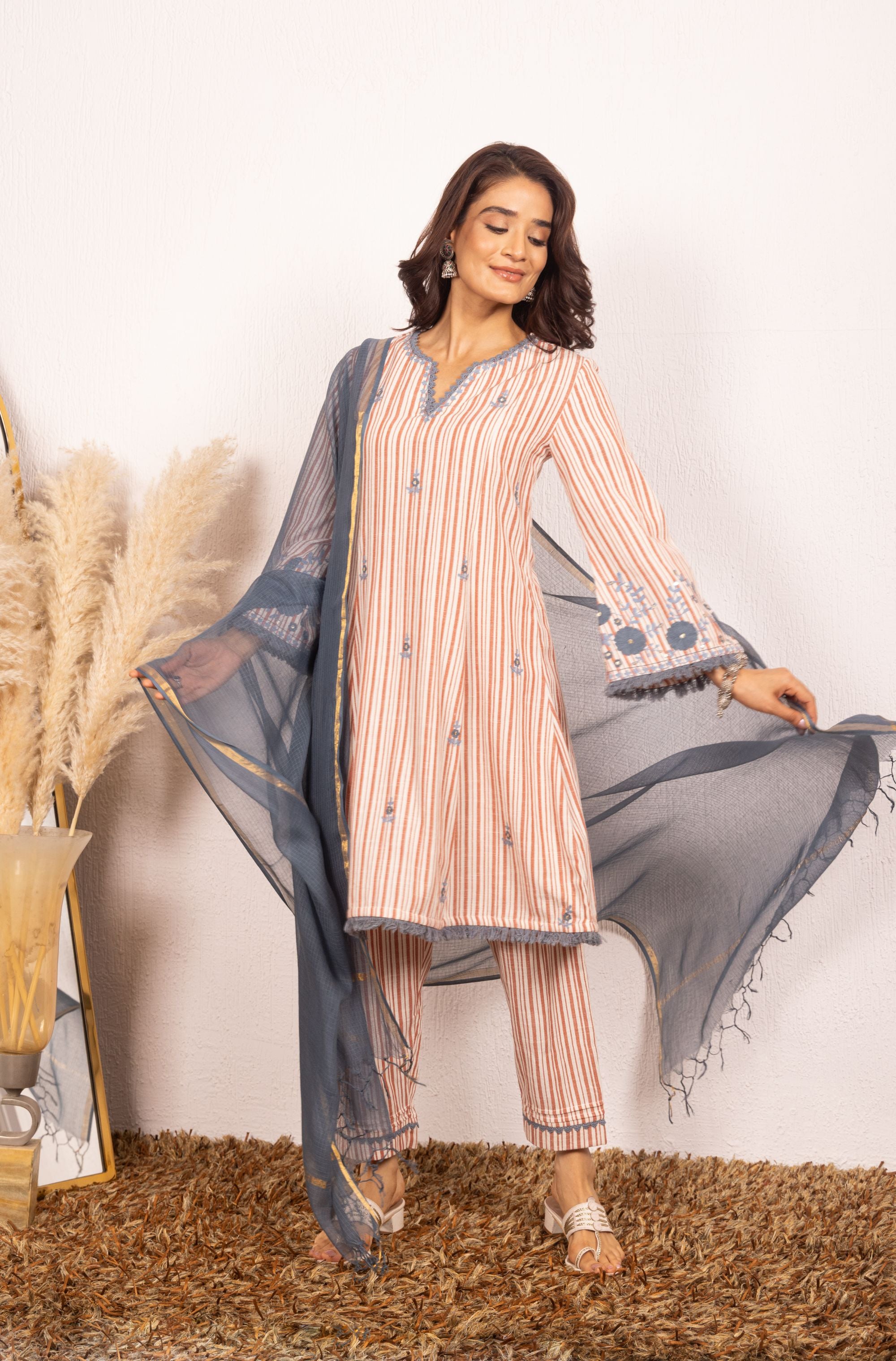 SARA RED Embroidered Yarn Dyed Handcrafted Kurta Set