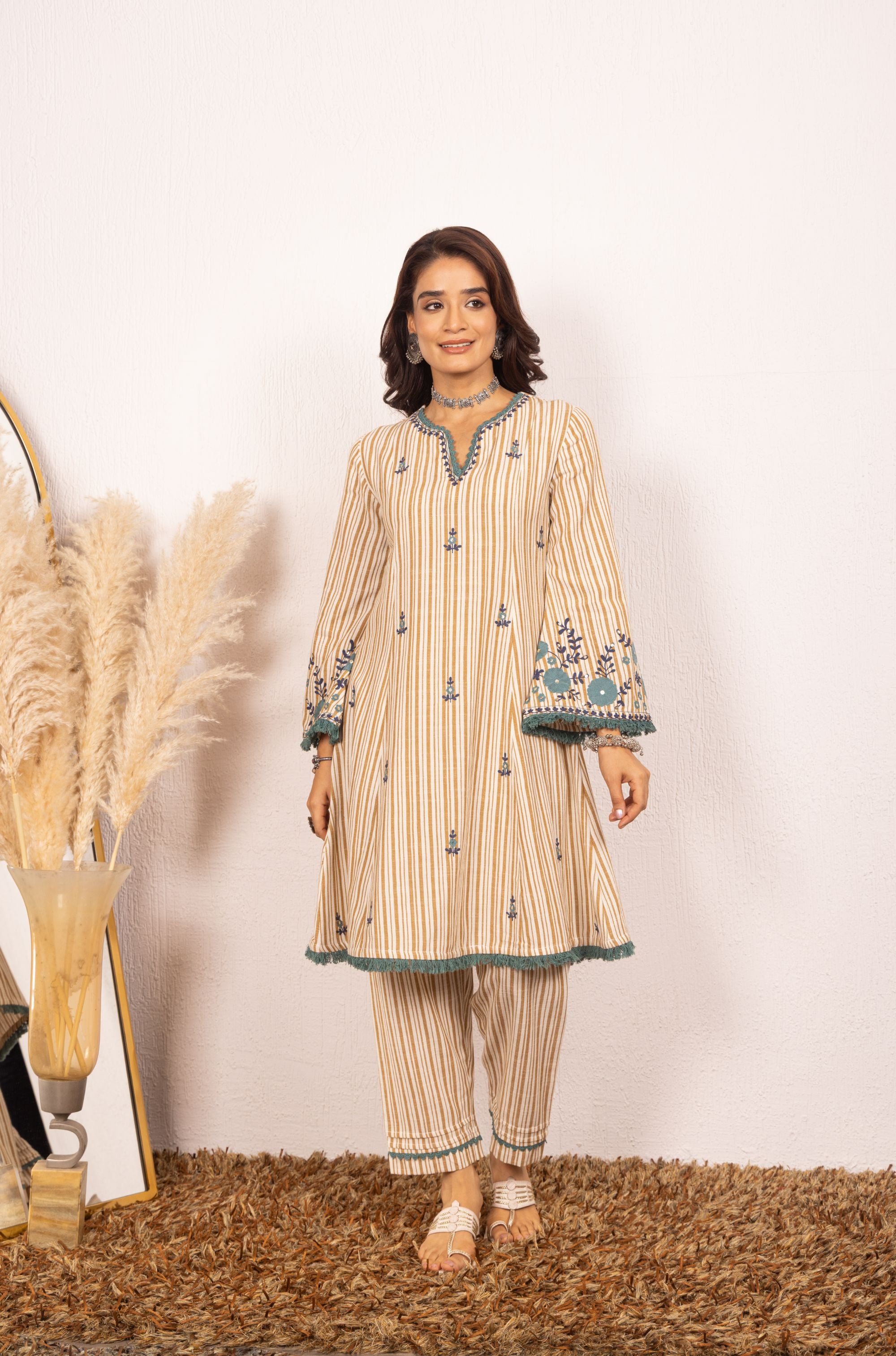 Sara Mustard Embroidered Yarn Dyed Handcrafted Kurta Set