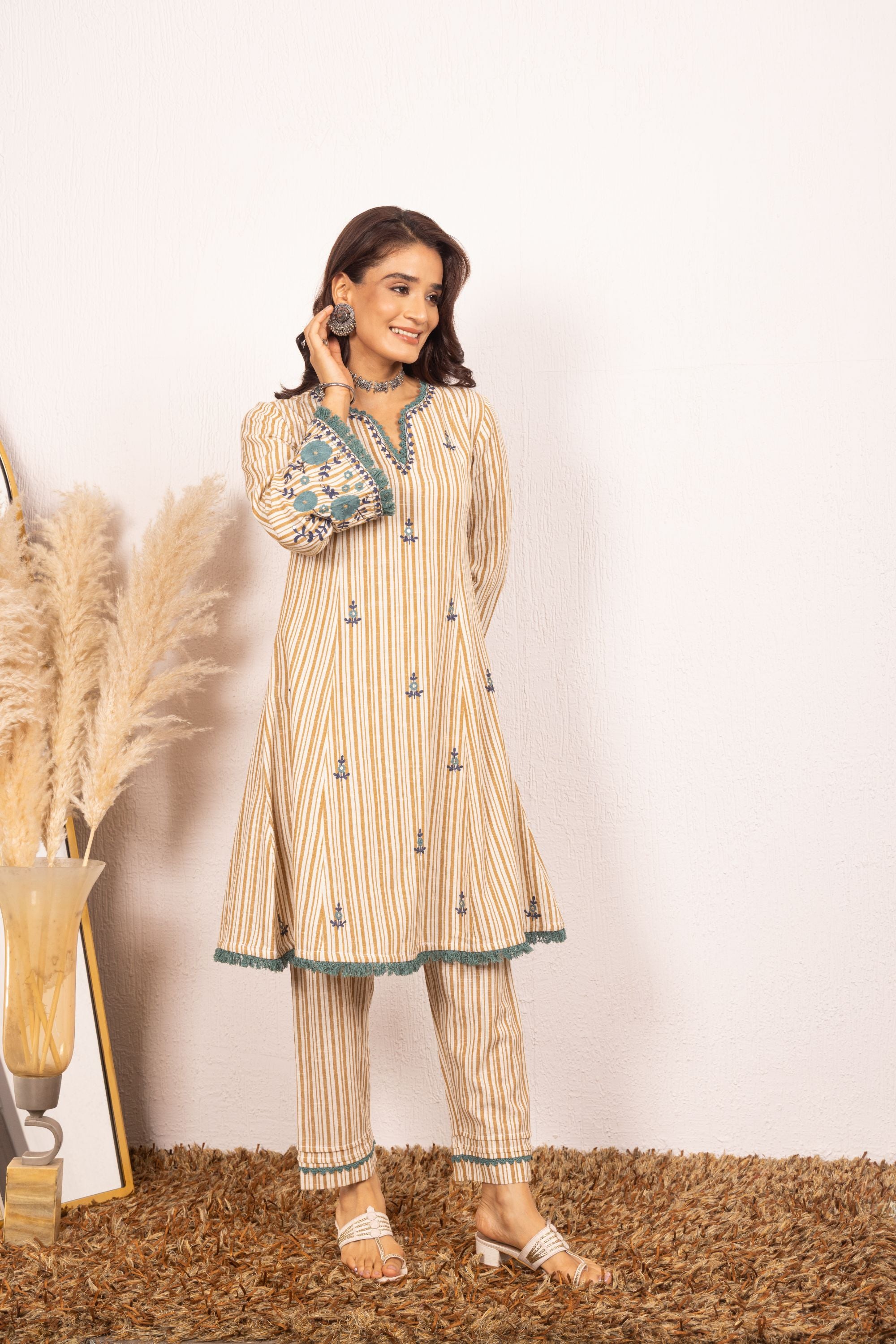 Sara Mustard Embroidered Yarn Dyed Handcrafted Kurta Set