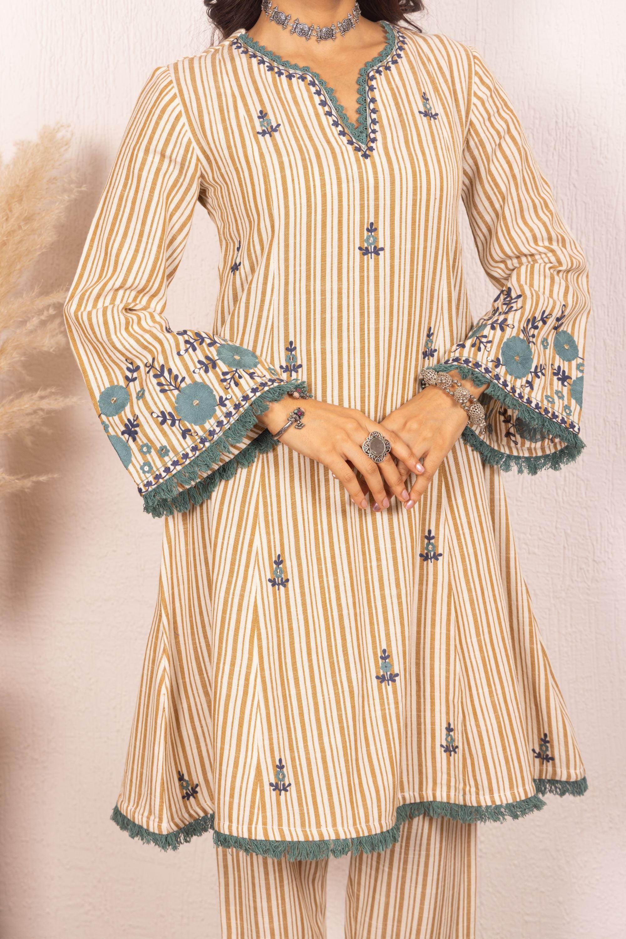 Sara Mustard Embroidered Yarn Dyed Handcrafted Kurta Set