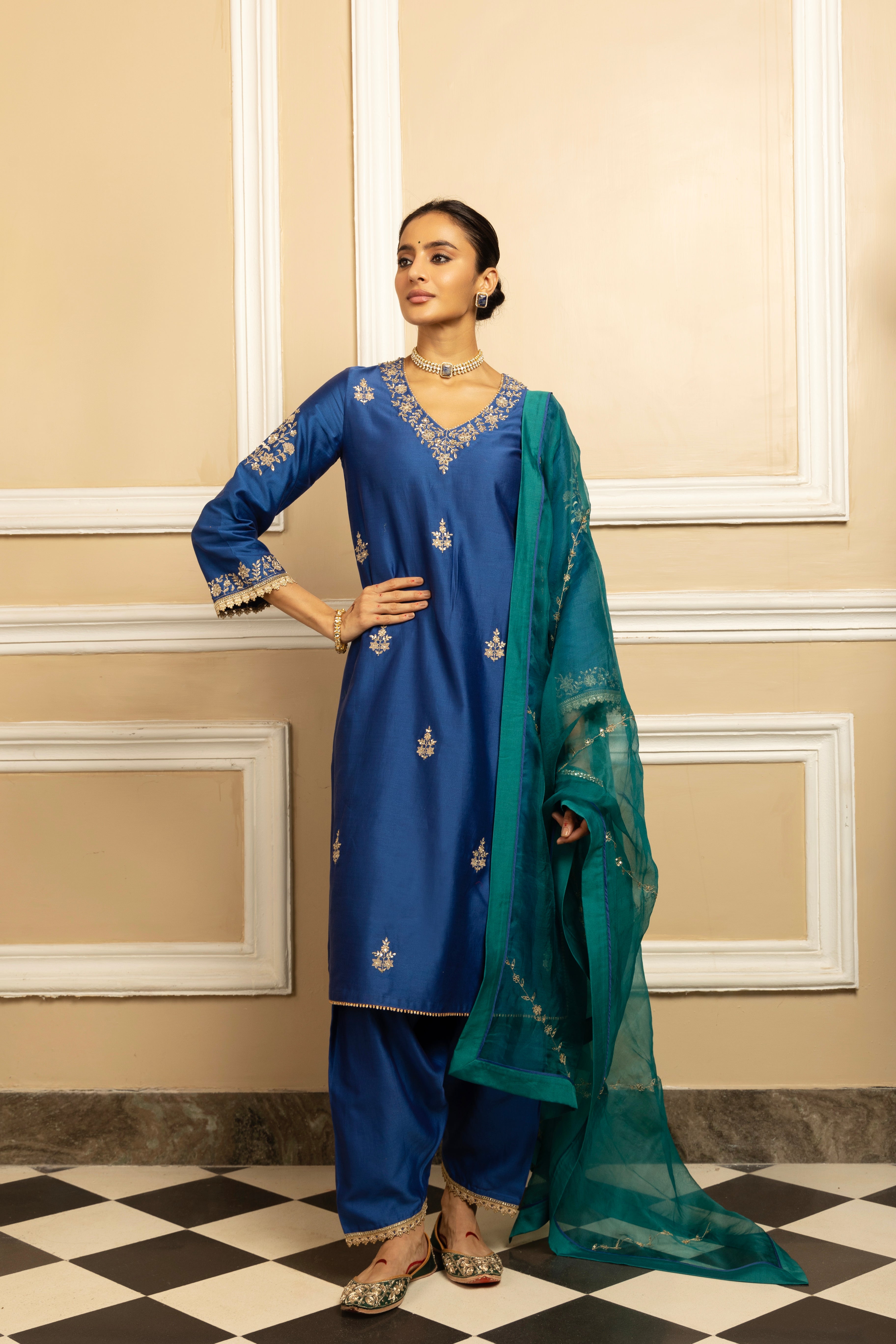 NAAZ BLUE SILK CHANDERI KURTA SET (READY TO SHIP)