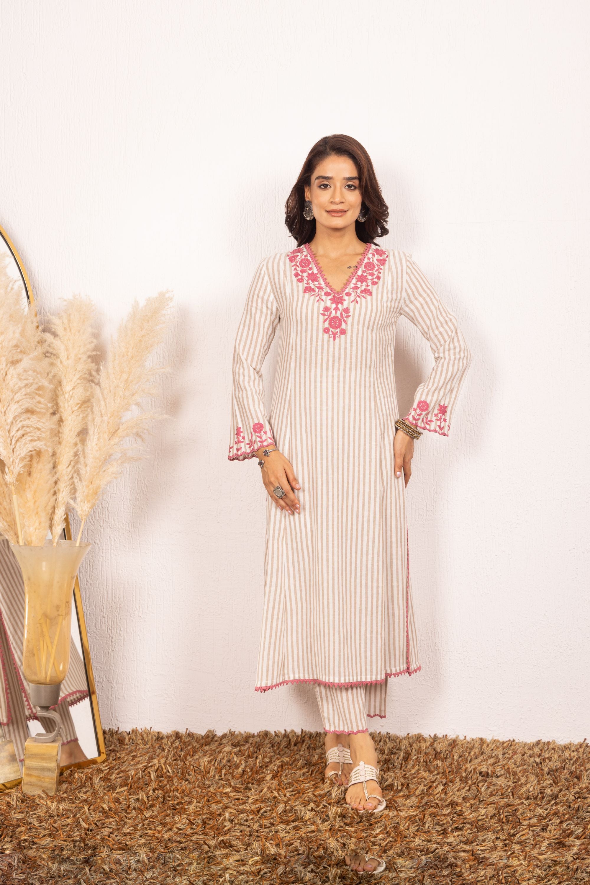 SAANJH BEIGE COTTON YARN DYED KURTA SET