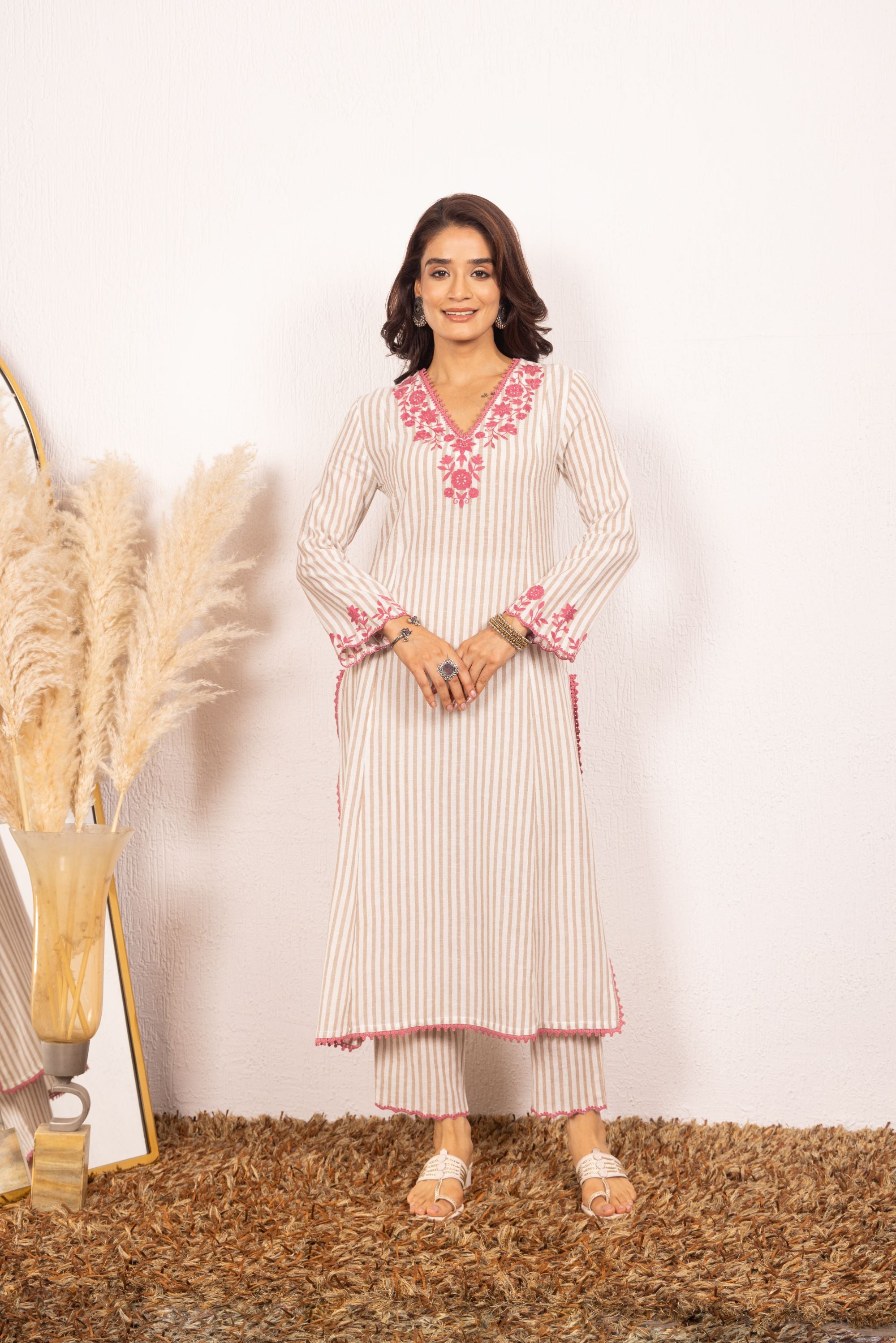 SAANJH BEIGE COTTON YARN DYED KURTA SET