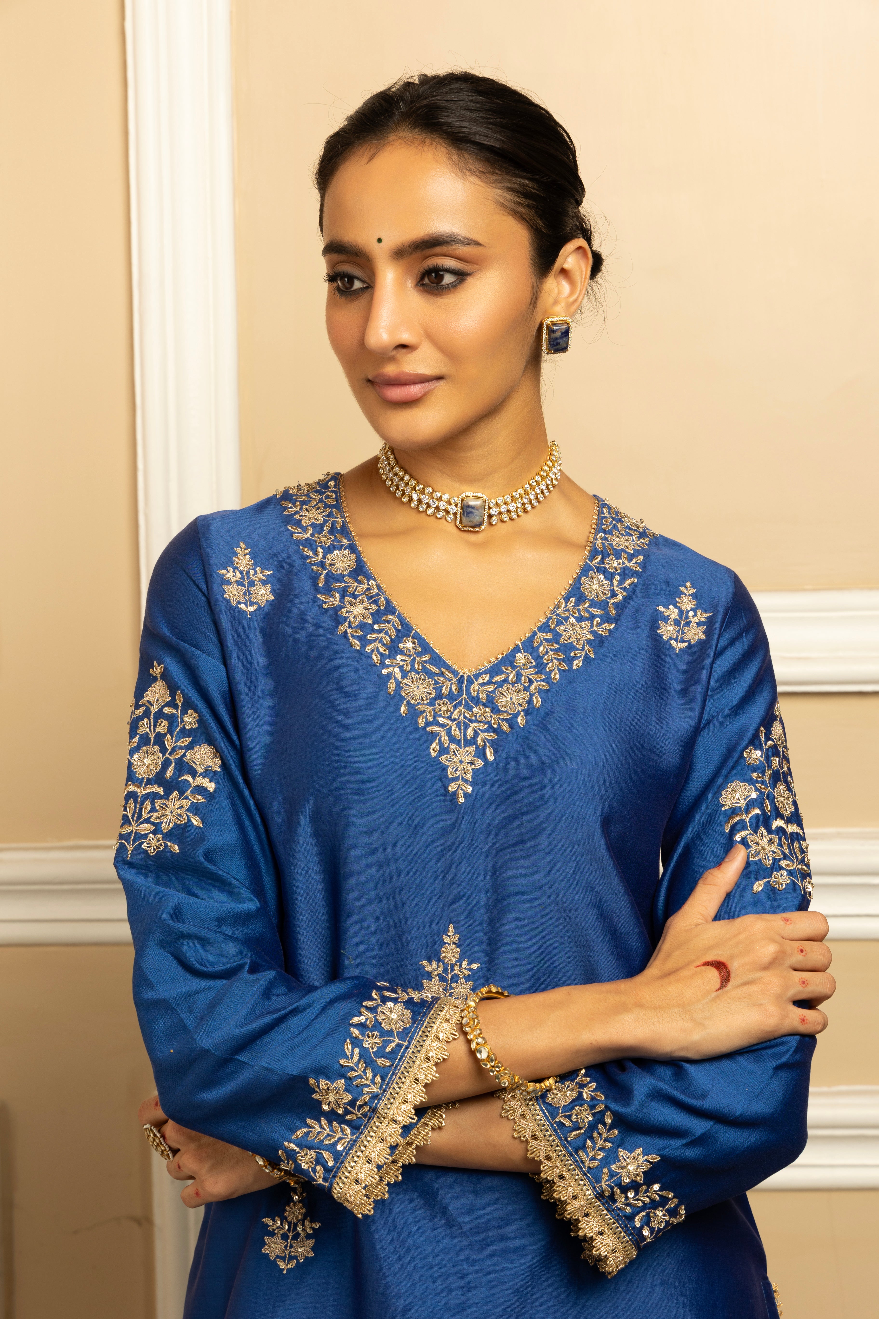 NAAZ BLUE SILK CHANDERI KURTA SET