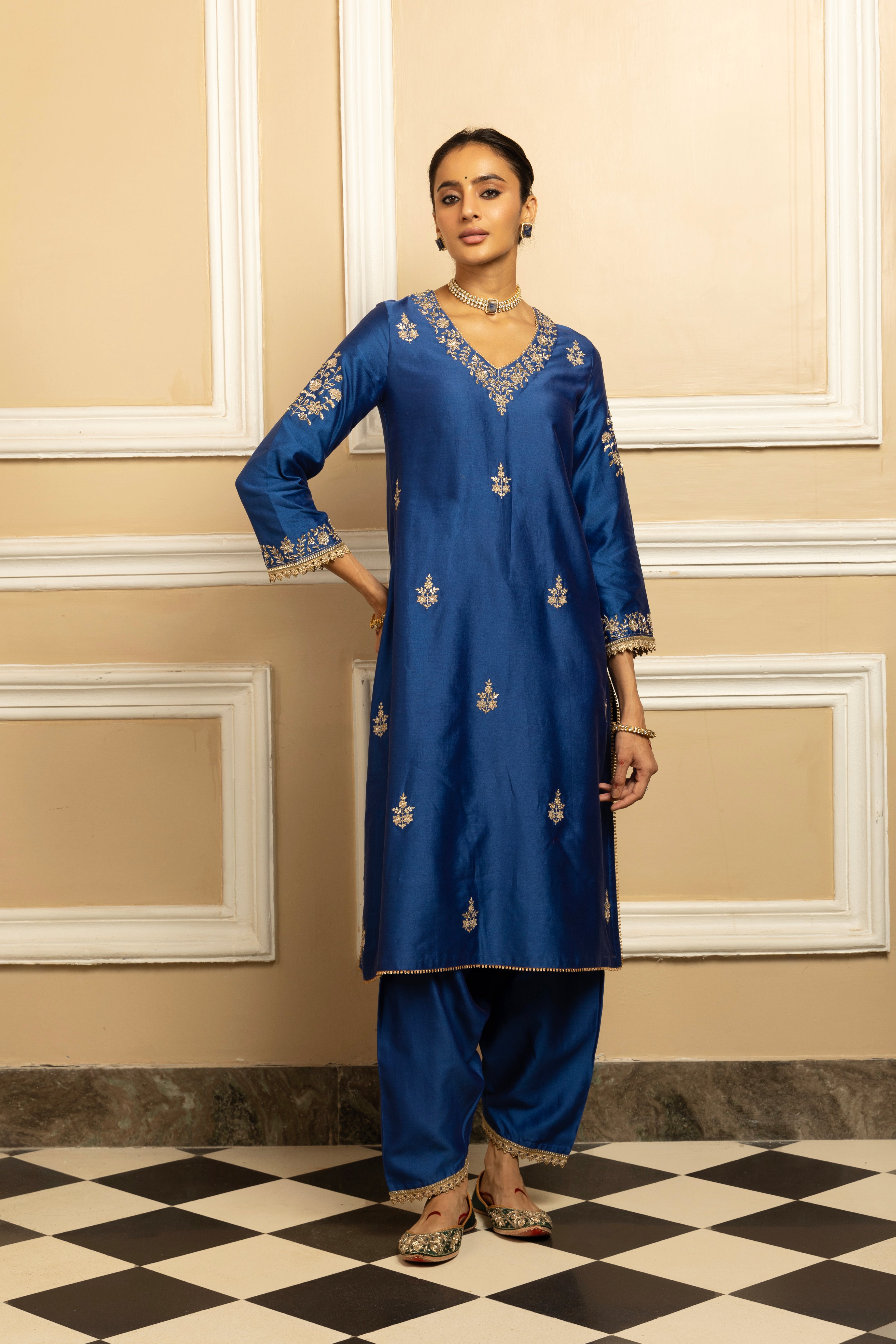 NAAZ BLUE SILK CHANDERI KURTA SET