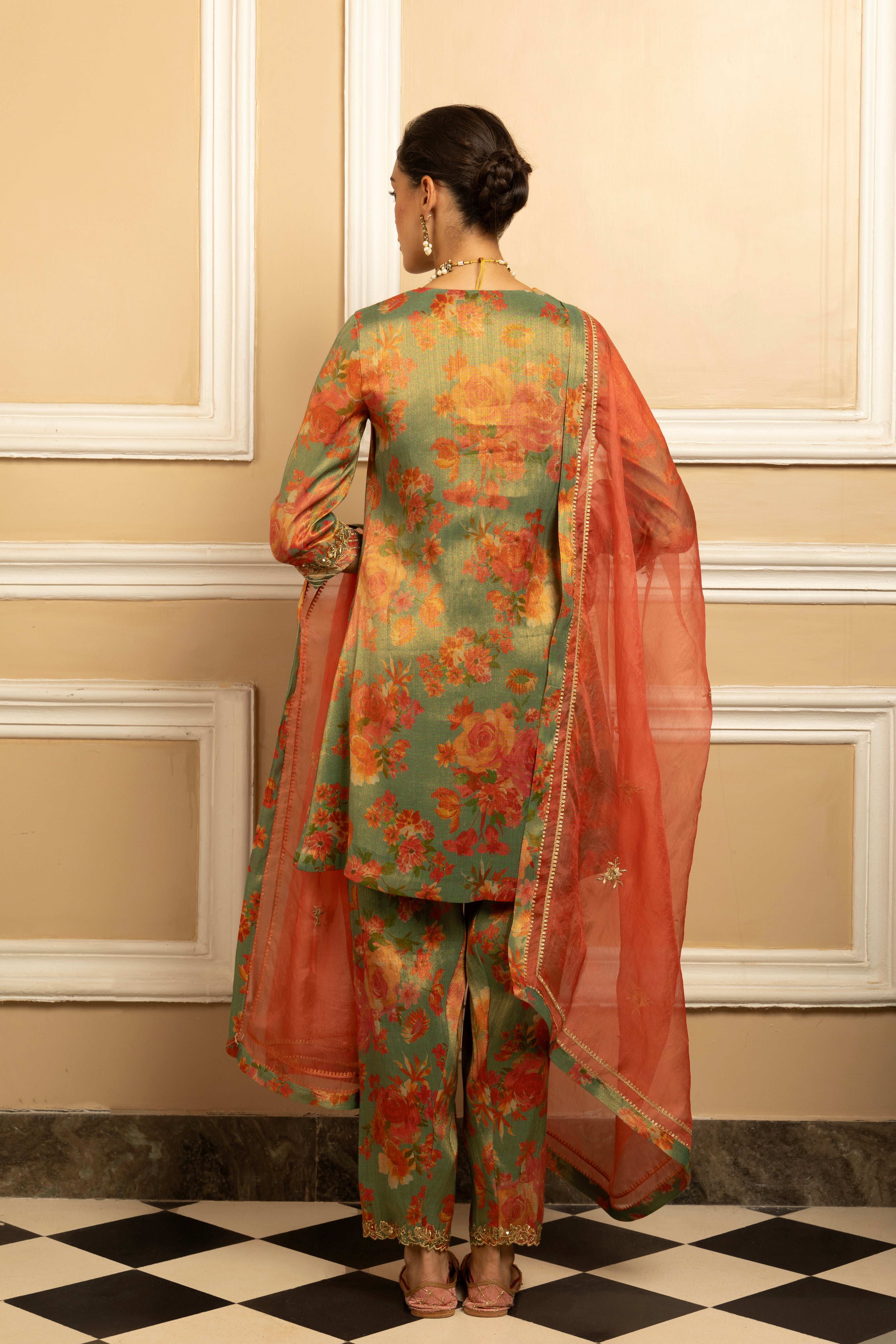 GULBAHAR GREEN FLORAL PRINTED HANDCRAFTED TISSUE KURTA SET