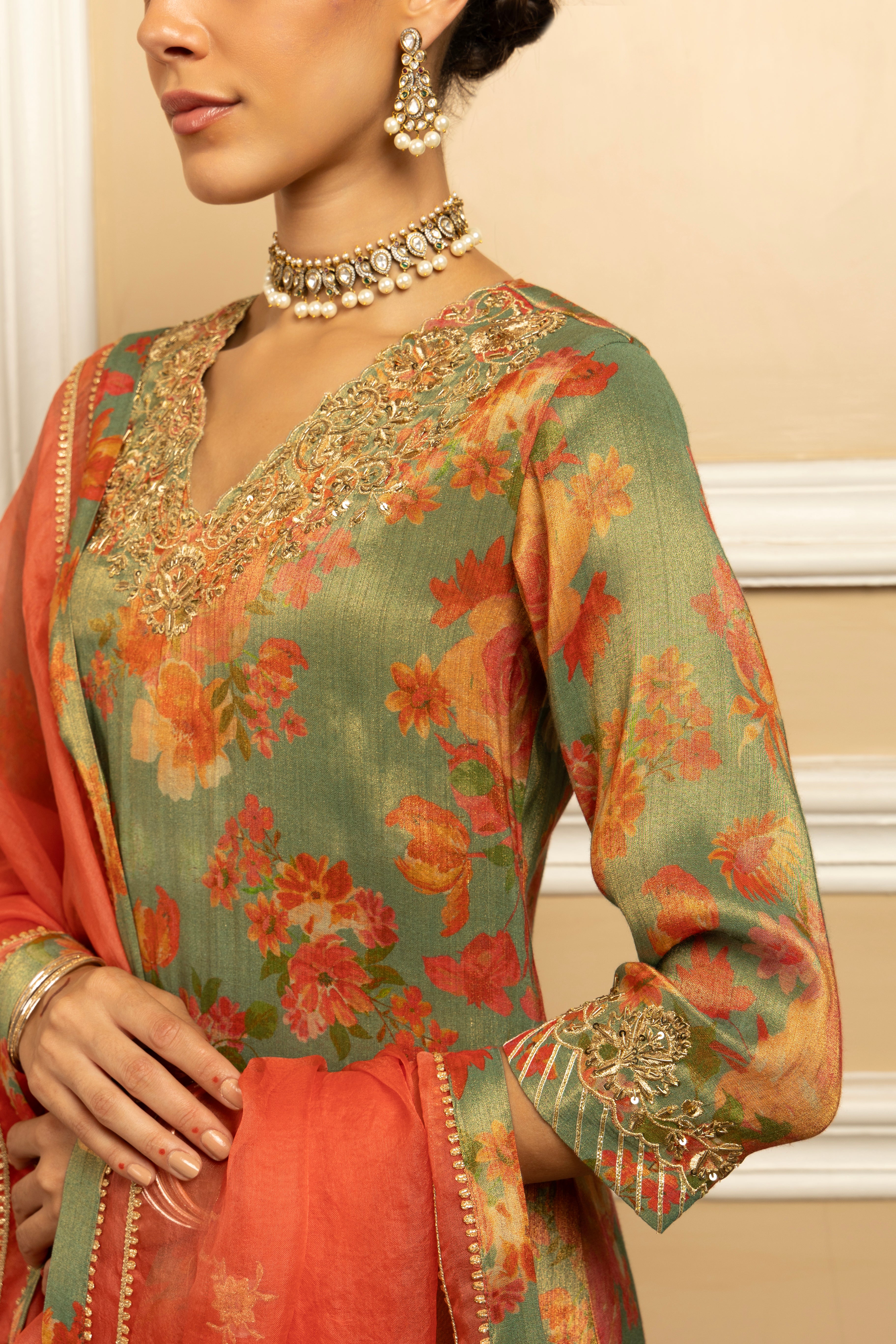 GULBAHAR GREEN FLORAL PRINTED HANDCRAFTED TISSUE KURTA SET