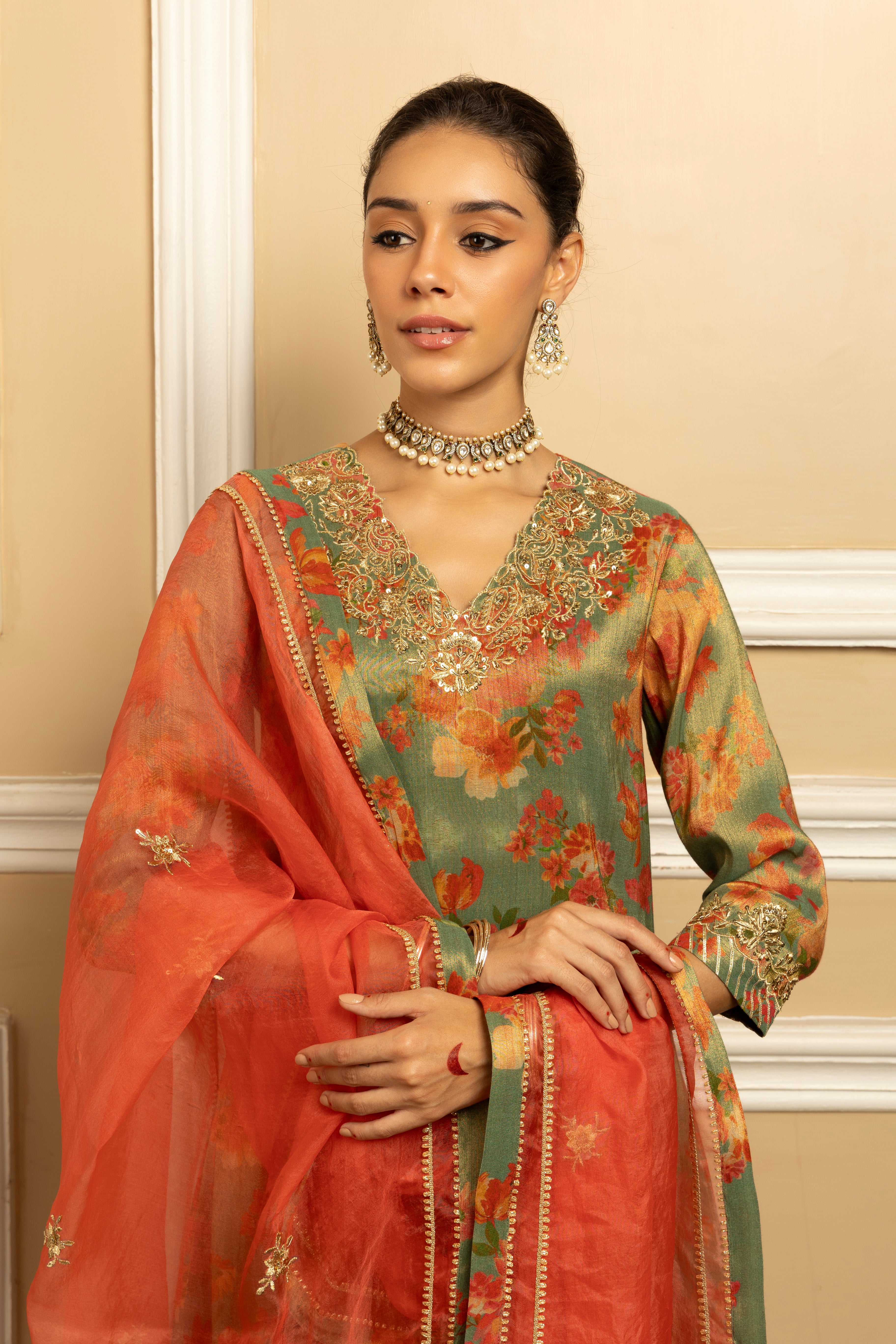 GULBAHAR GREEN FLORAL PRINTED HANDCRAFTED TISSUE KURTA SET