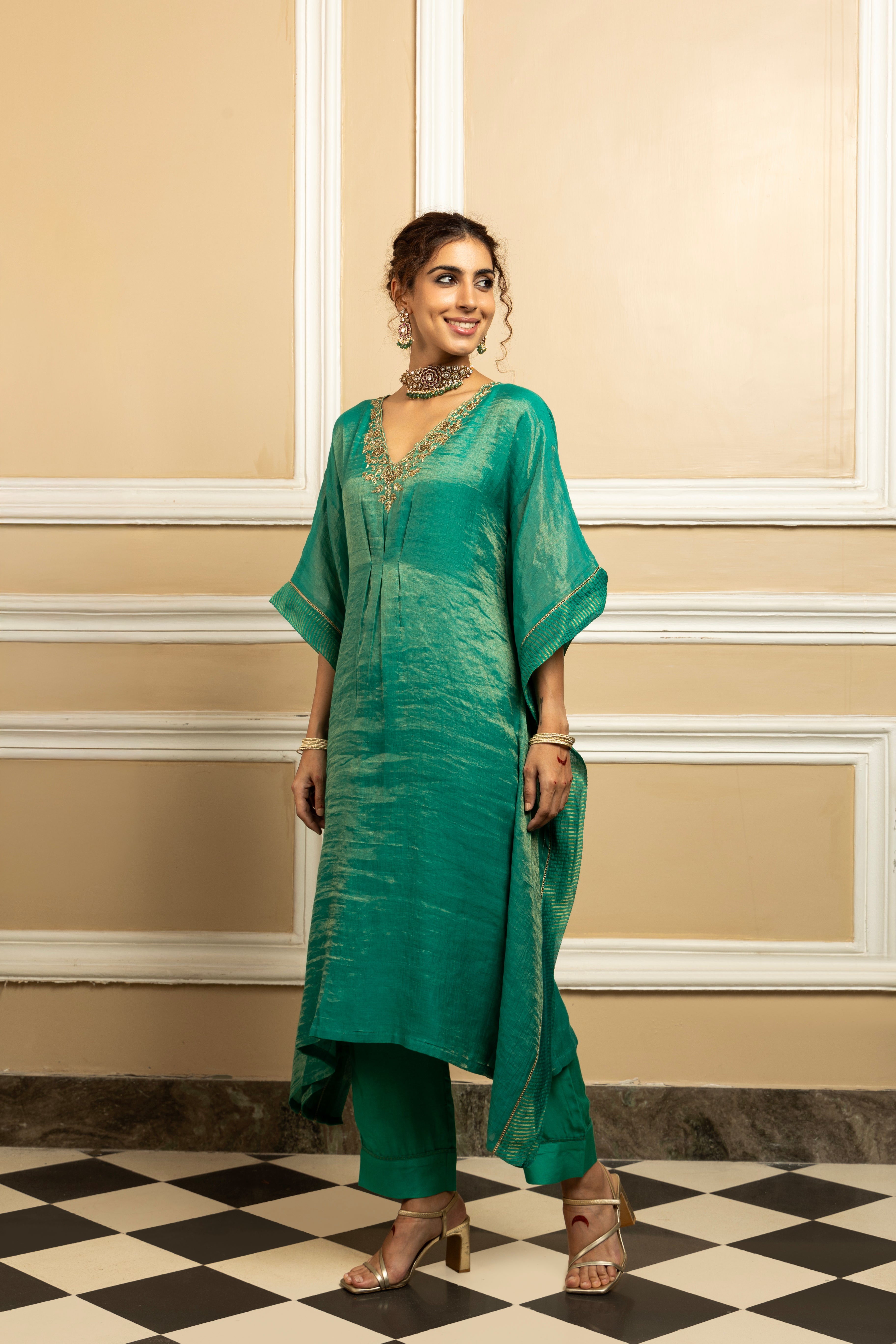 SUMIRA GREEN TISSUE CHANDERI HANDCRAFTED KAFTAN SET