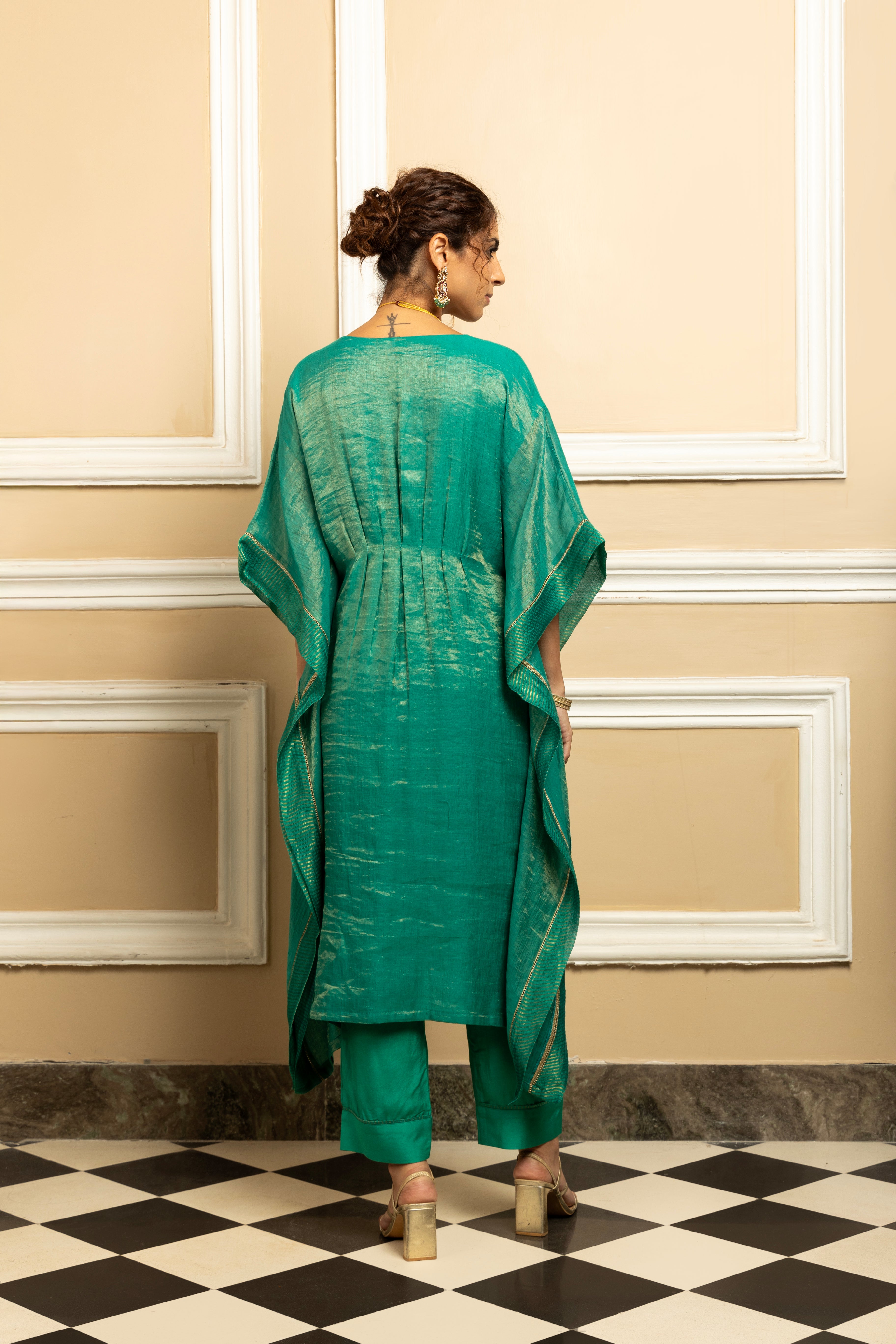SUMIRA GREEN TISSUE CHANDERI HANDCRAFTED KAFTAN SET