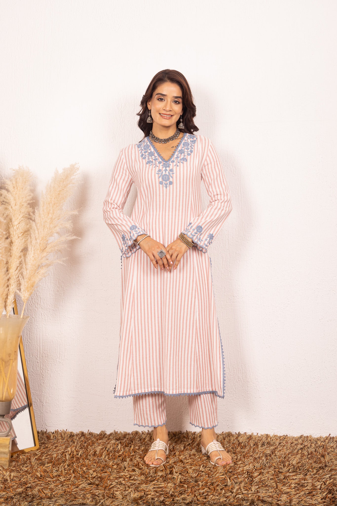 SAANJH Pink cotton Yarn Dyed Kurta Set