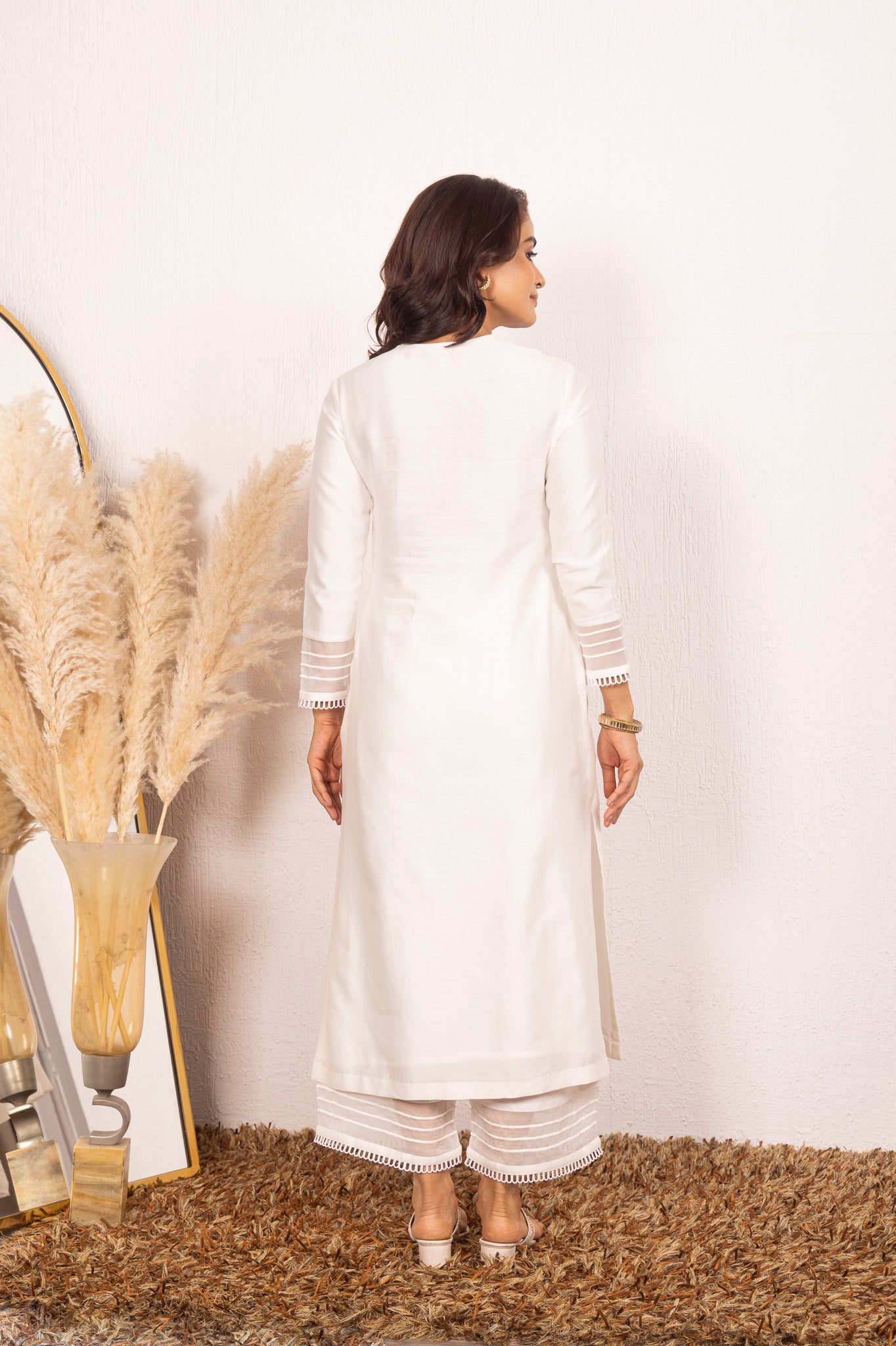 KYRA WHITE SILK CHANDERI HANDCRAFTED KURTA SET