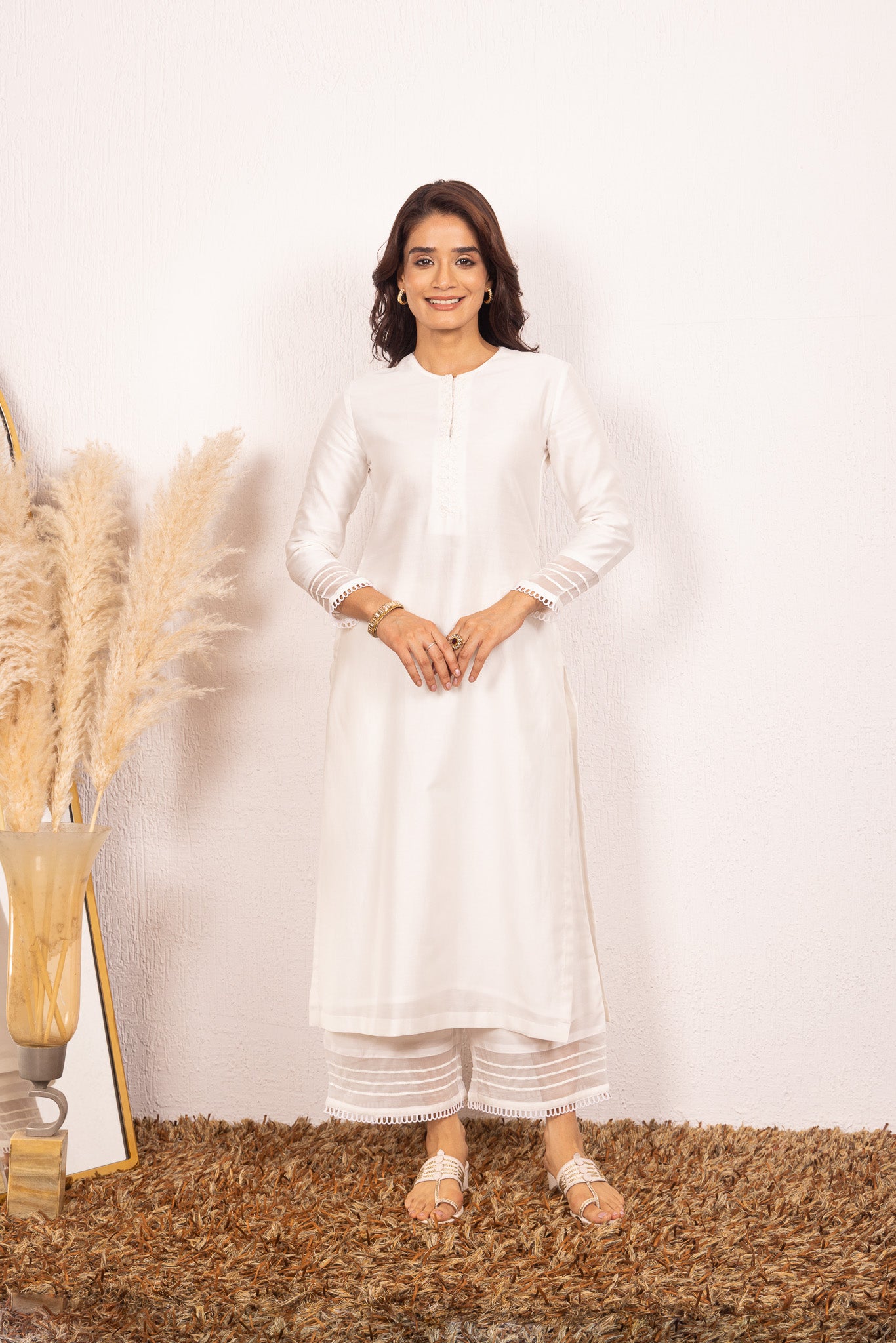 KYRA WHITE SILK CHANDERI HANDCRAFTED KURTA SET