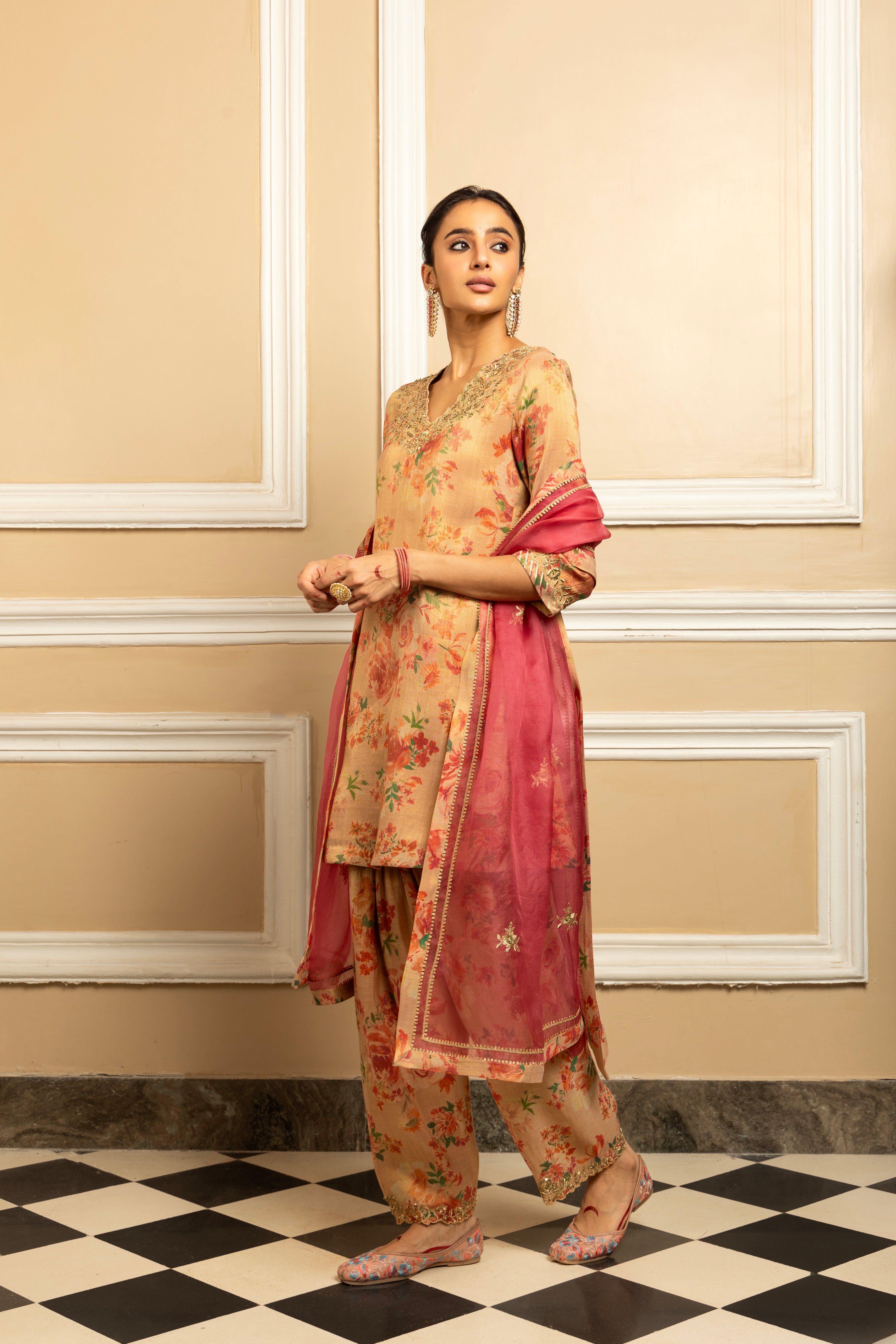 GULBAHAR BEIGE FLORAL PRINTED TISSUE HANDCRAFTED KURTA SET