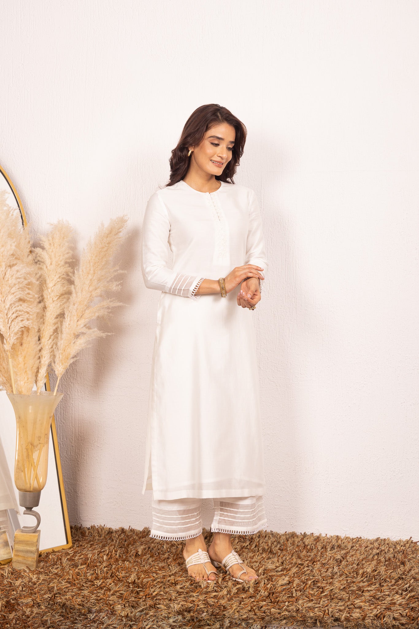 KYRA WHITE SILK CHANDERI HANDCRAFTED KURTA SET
