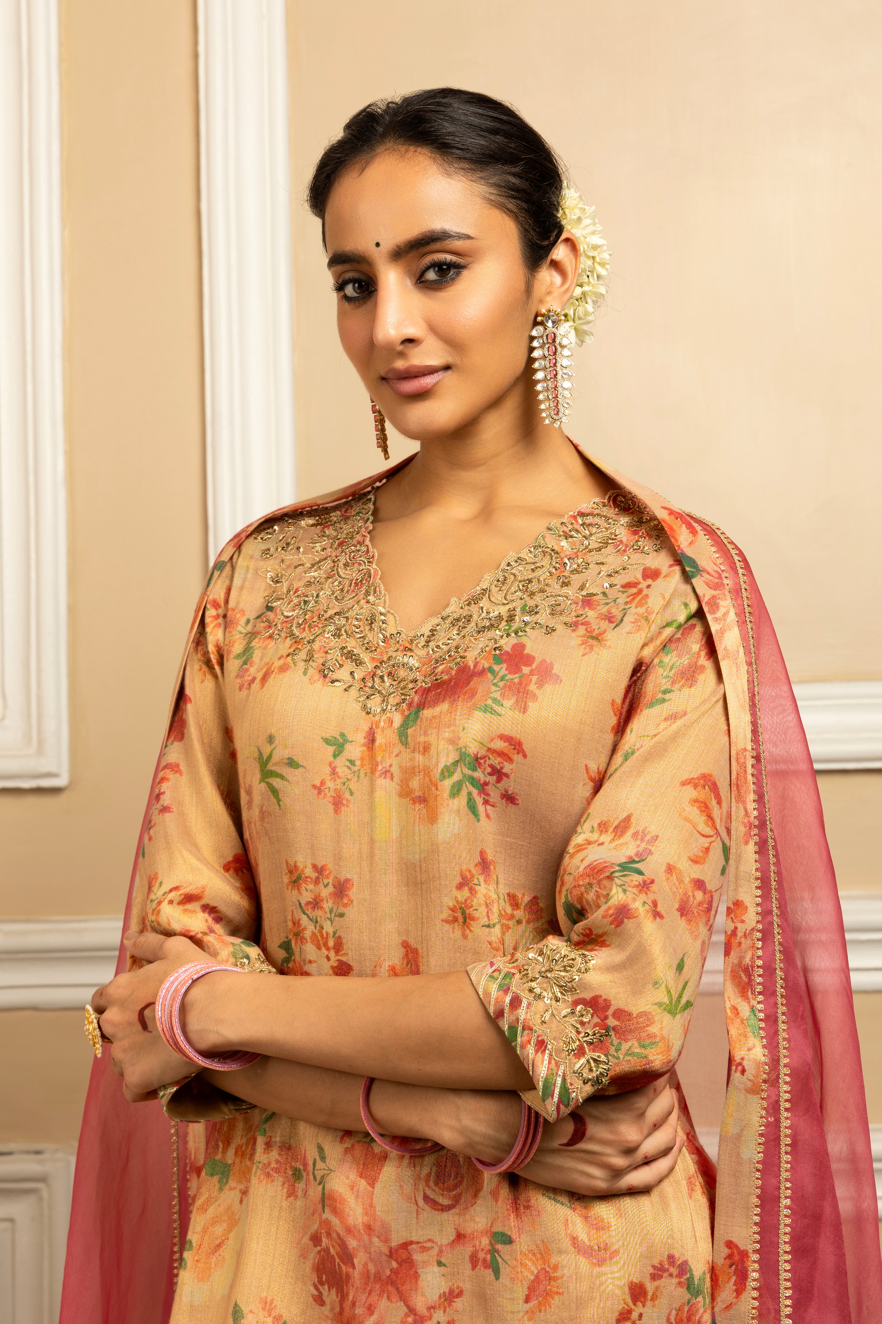 GULBAHAR BEIGE FLORAL PRINTED TISSUE HANDCRAFTED KURTA SET