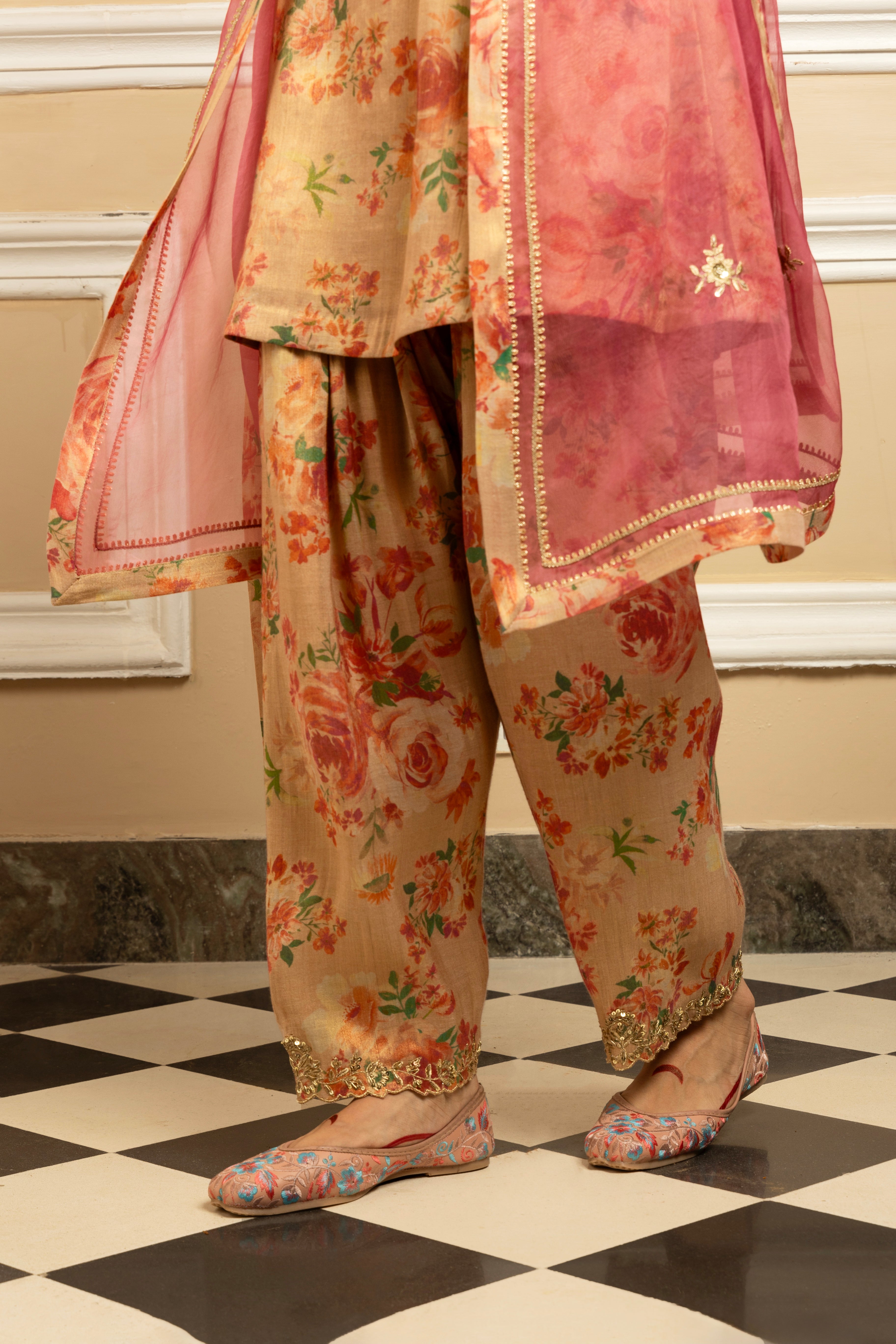 GULBAHAR BEIGE FLORAL PRINTED TISSUE HANDCRAFTED KURTA SET