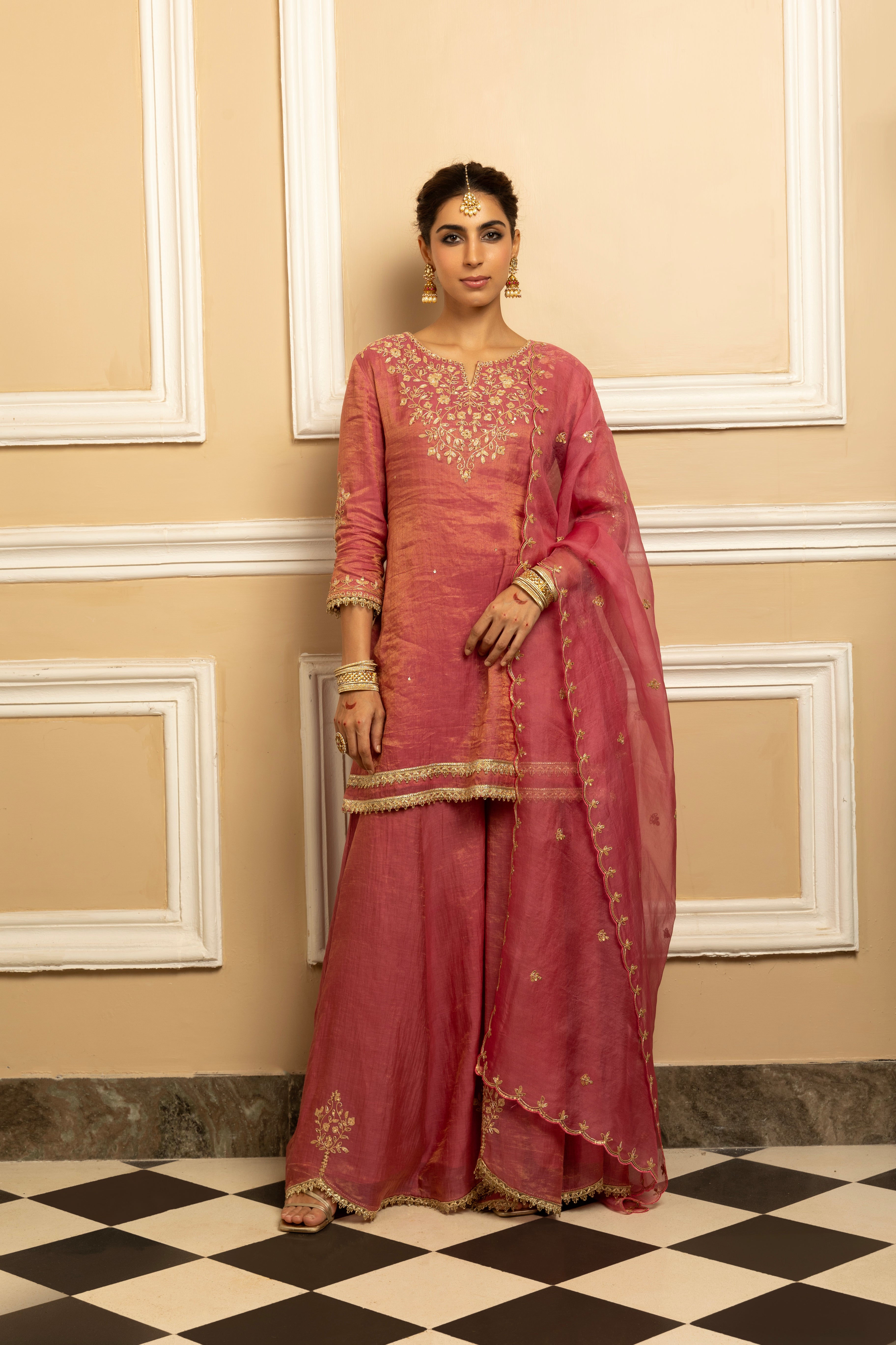 NOOR PINK TISSUE CHANDERI HANDCRAFTED SHARARA SET (READY TO SHIP)