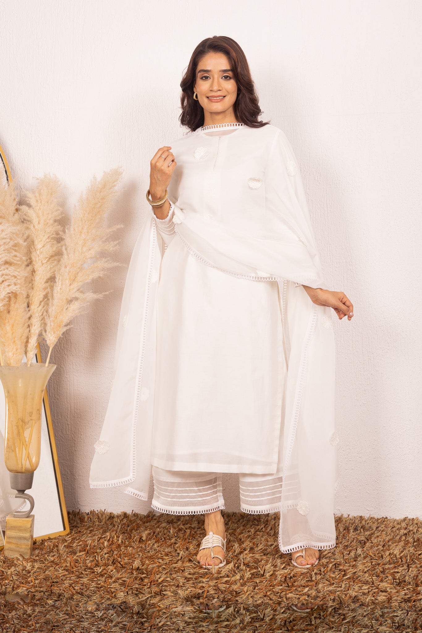 KYRA WHITE SILK CHANDERI HANDCRAFTED KURTA SET