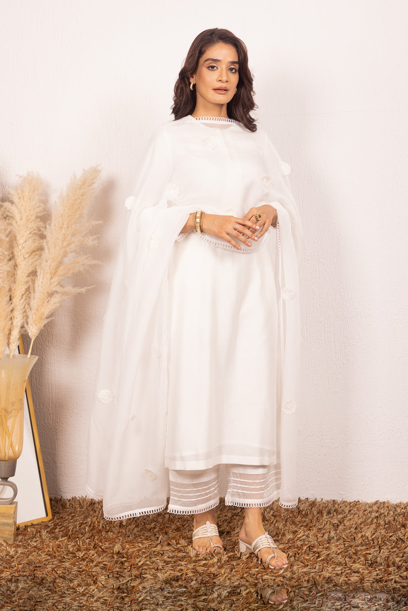 KYRA WHITE SILK CHANDERI HANDCRAFTED KURTA SET