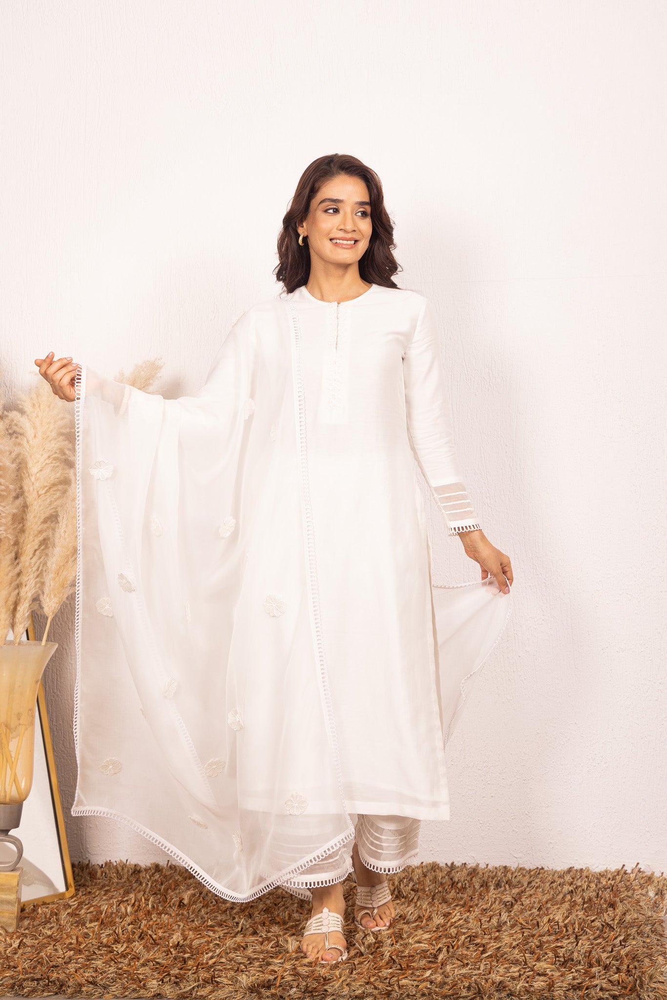 KYRA WHITE SILK CHANDERI HANDCRAFTED KURTA SET