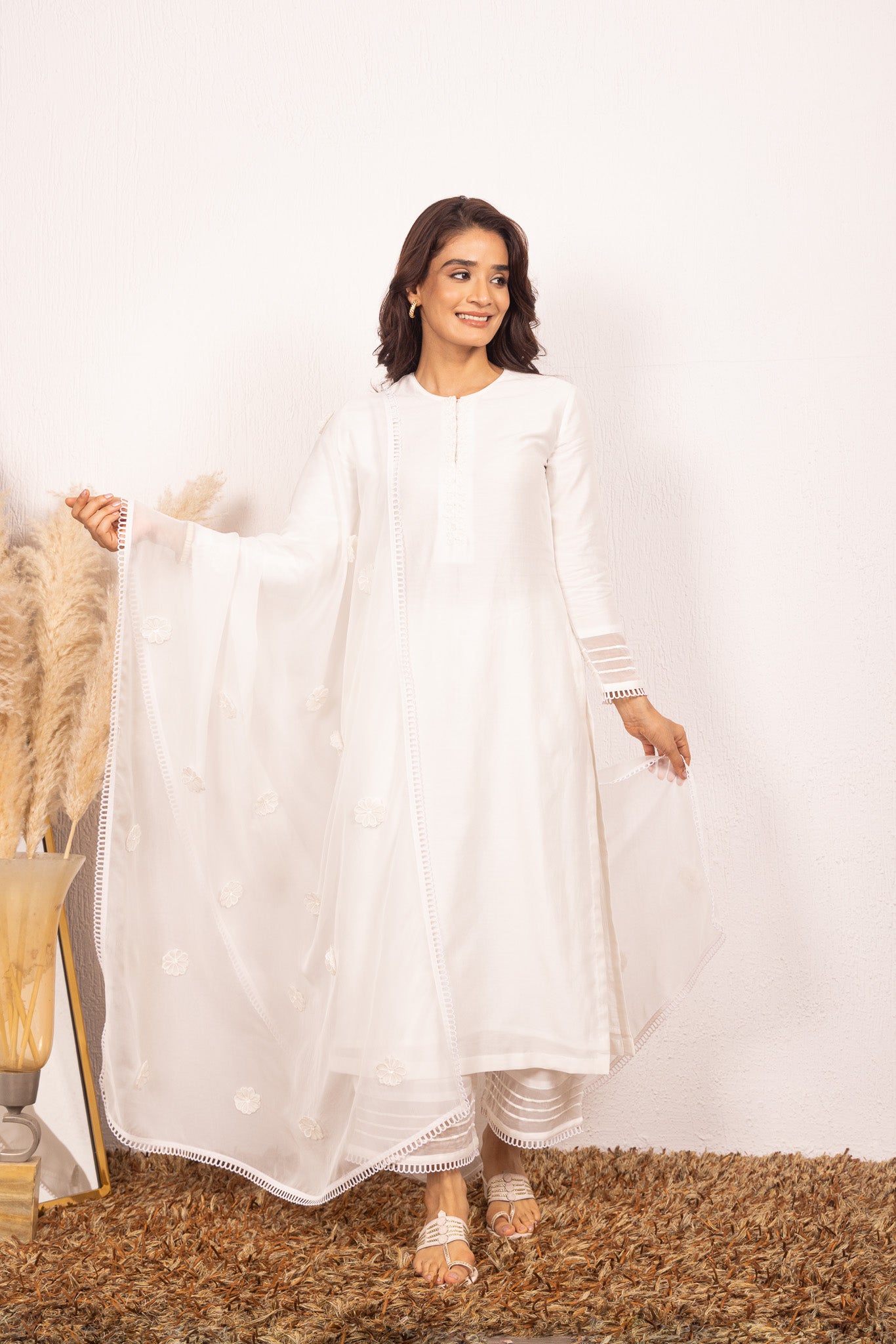 KYRA WHITE SILK CHANDERI HANDCRAFTED KURTA SET