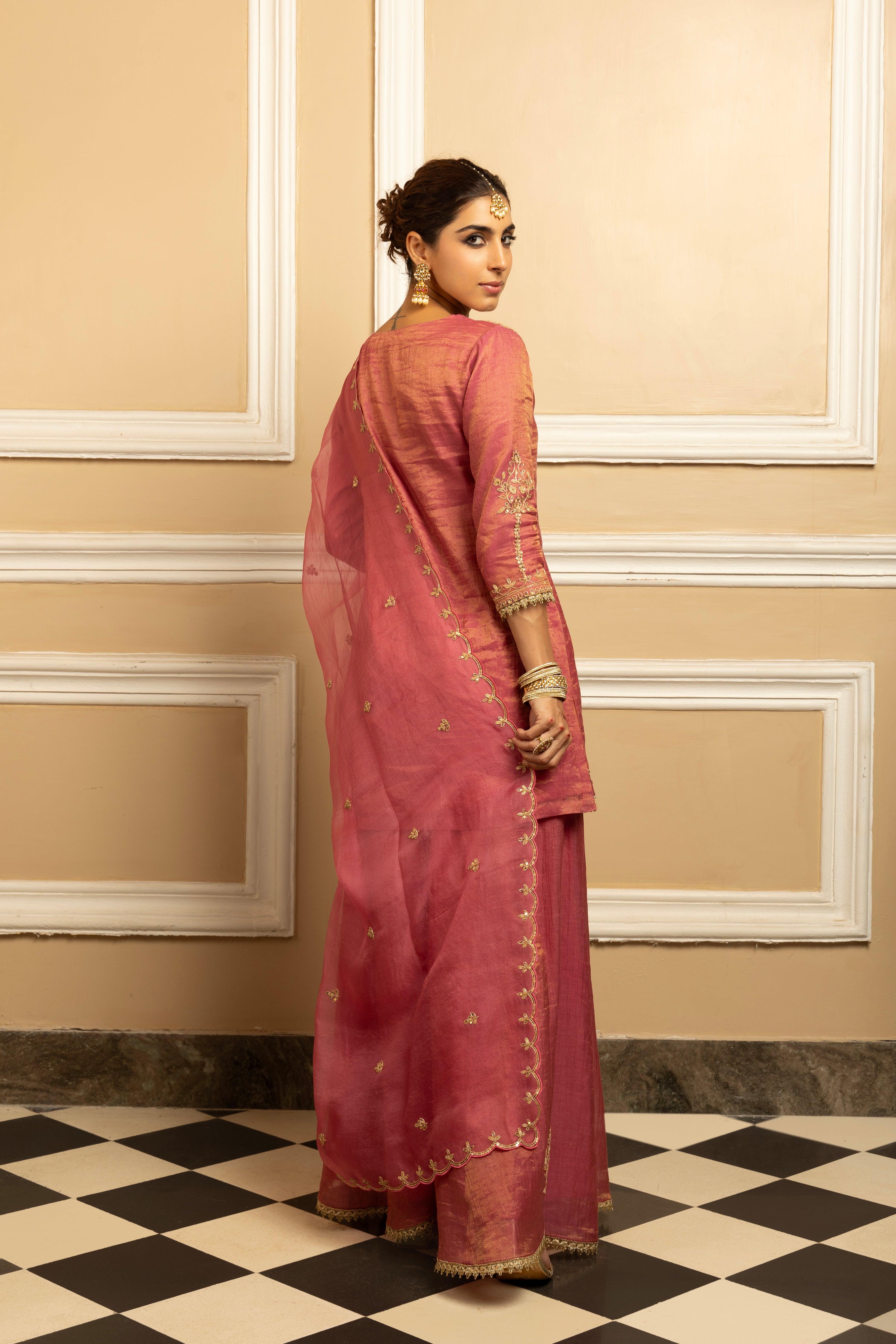 NOOR PINK TISSUE CHANDERI HANDCRAFTED SHARARA SET