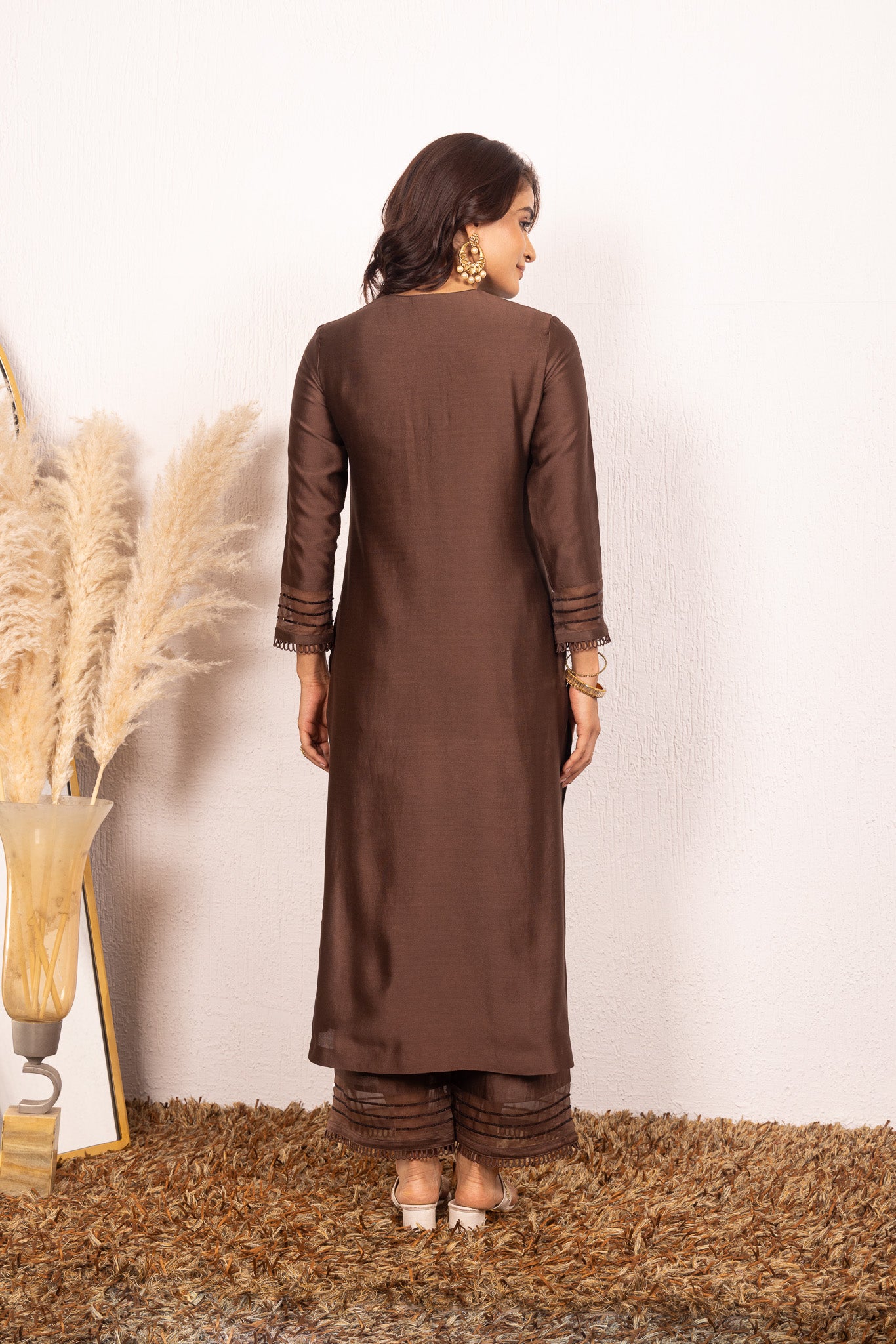 KYRA BROWN SILK CHANDERI HANDCRAFTED KURTA SET