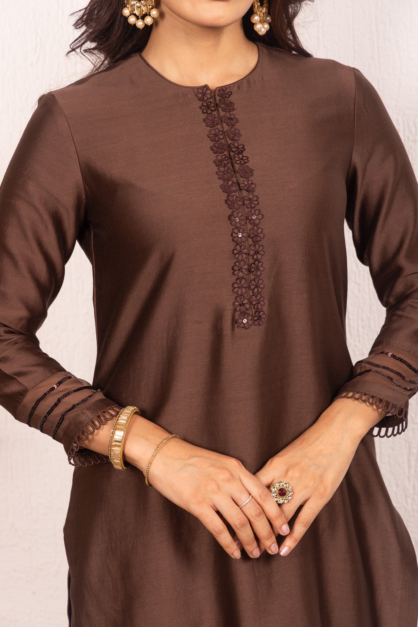 KYRA BROWN SILK CHANDERI HANDCRAFTED KURTA SET