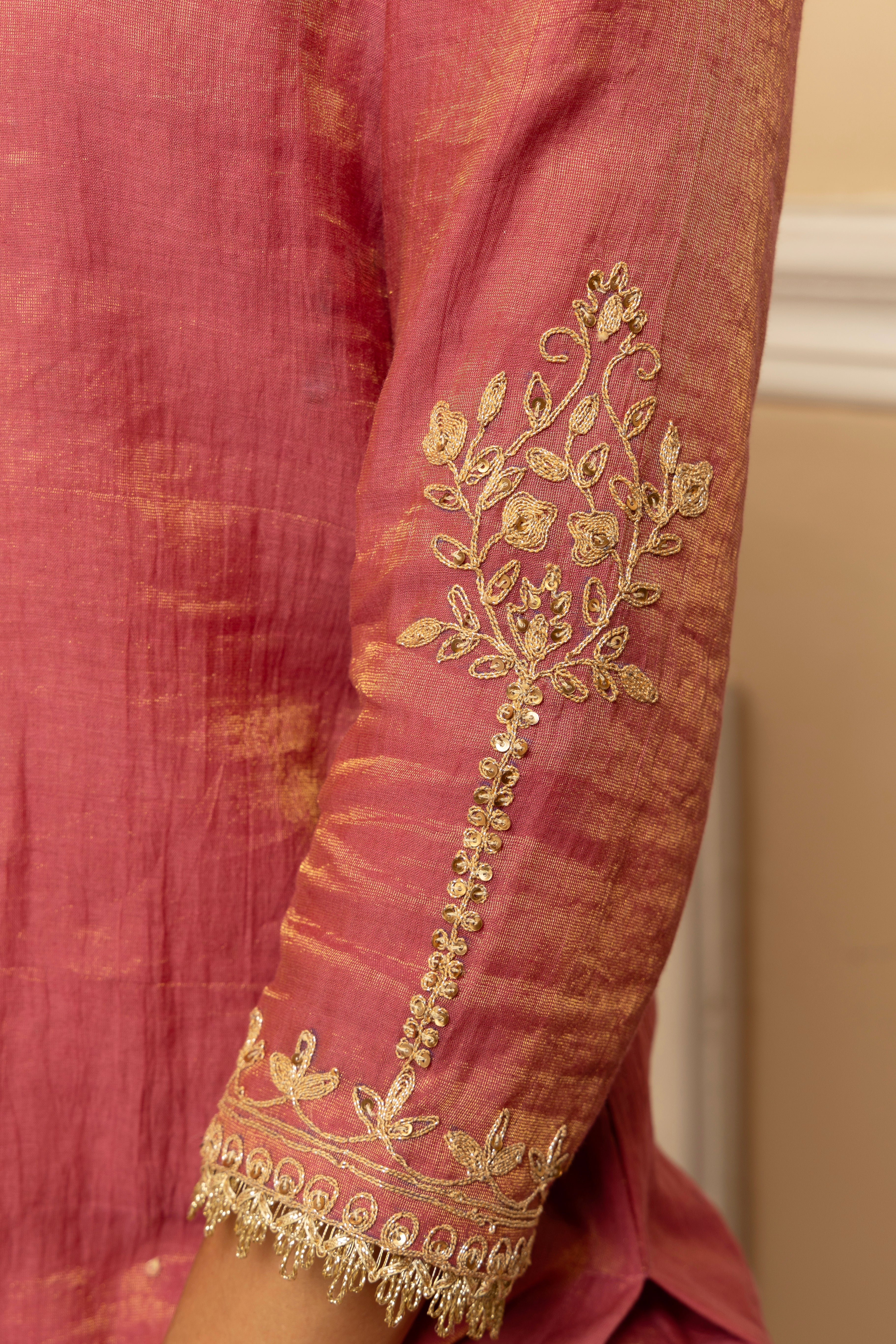 NOOR PINK TISSUE CHANDERI HANDCRAFTED SHARARA SET