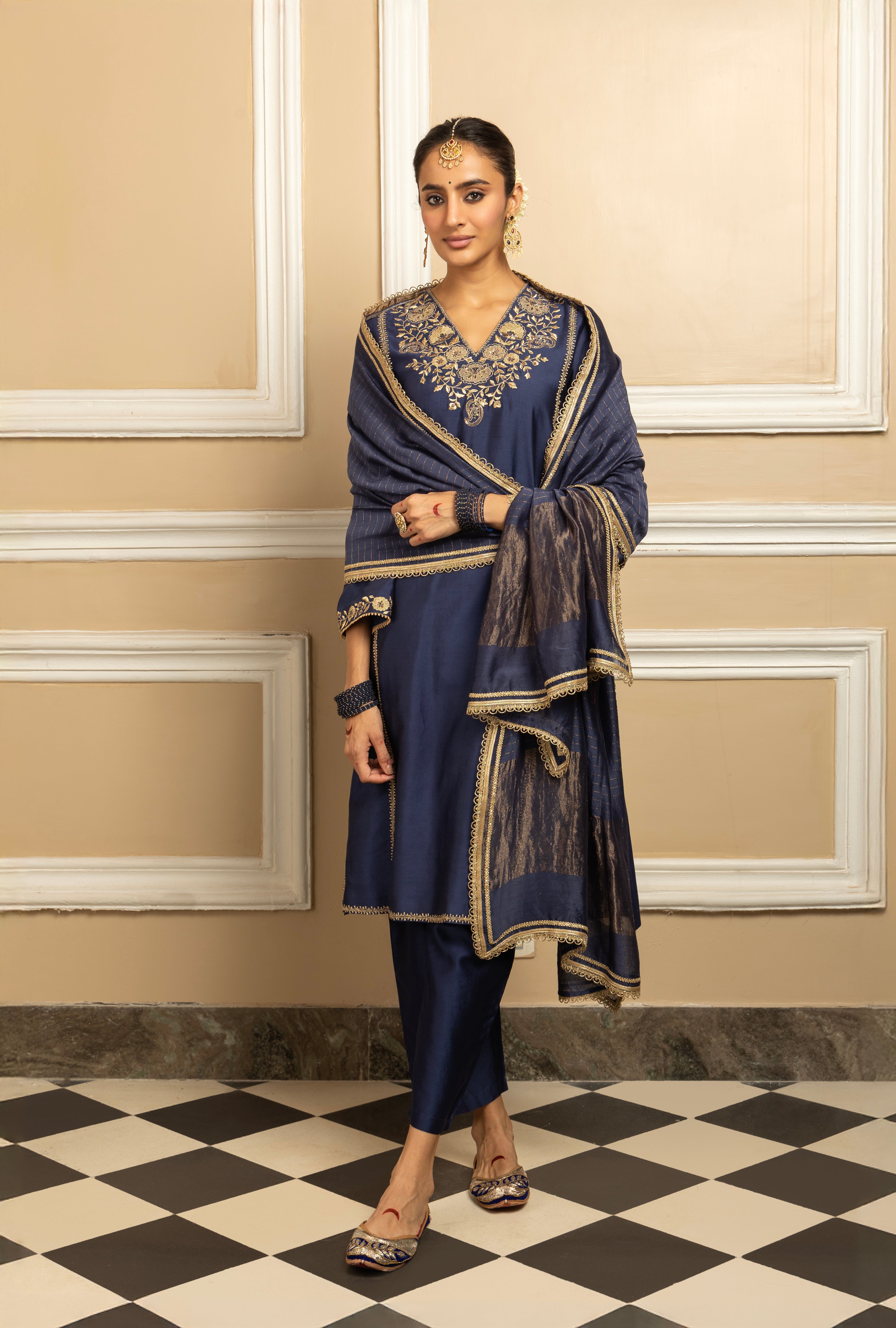 SANYA BLUE SILK CHANDERI HANDCRAFTED KURTA SET