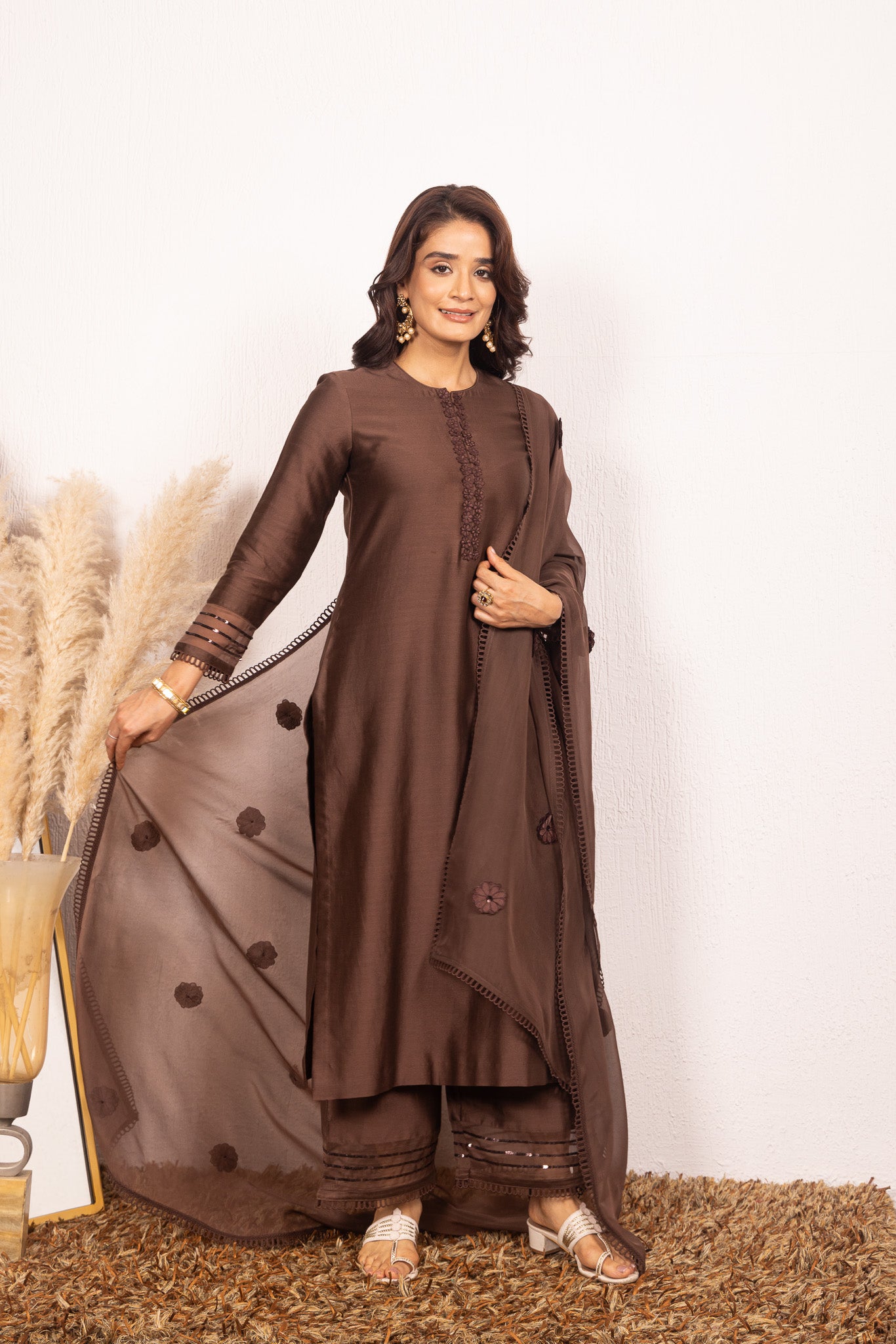 KYRA BROWN SILK CHANDERI HANDCRAFTED KURTA SET