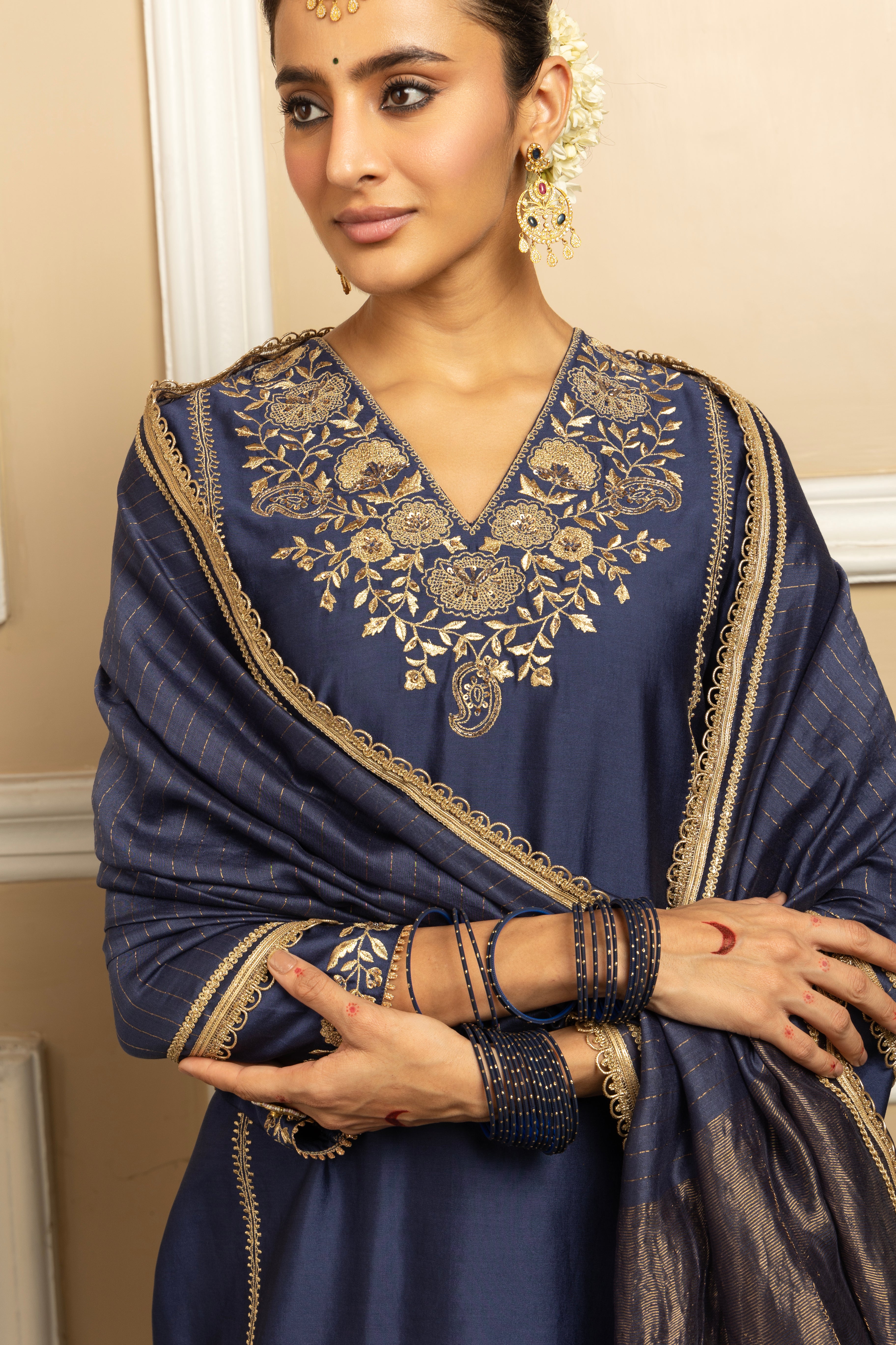 SANYA BLUE SILK CHANDERI HANDCRAFTED KURTA SET