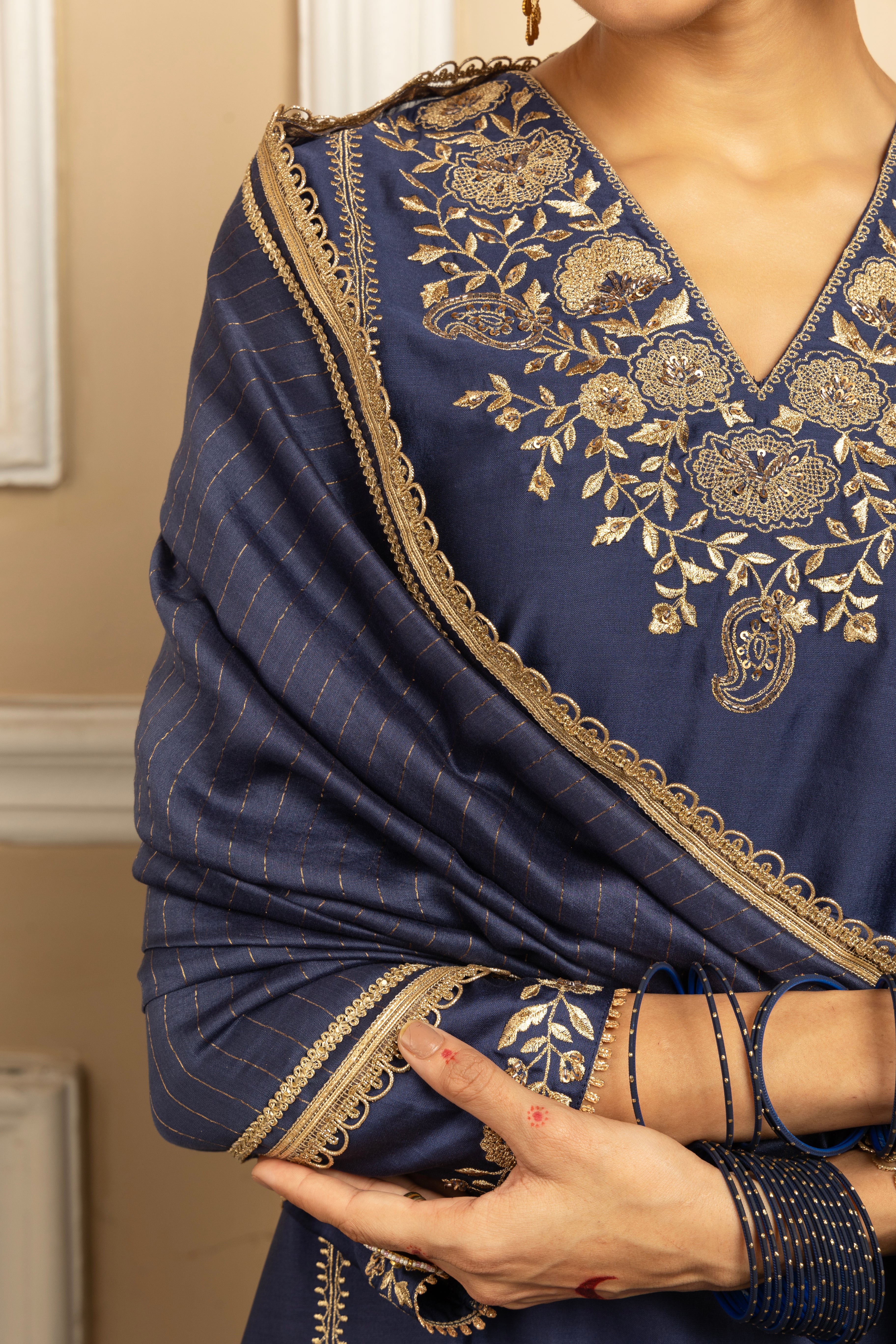 SANYA BLUE SILK CHANDERI HANDCRAFTED KURTA SET