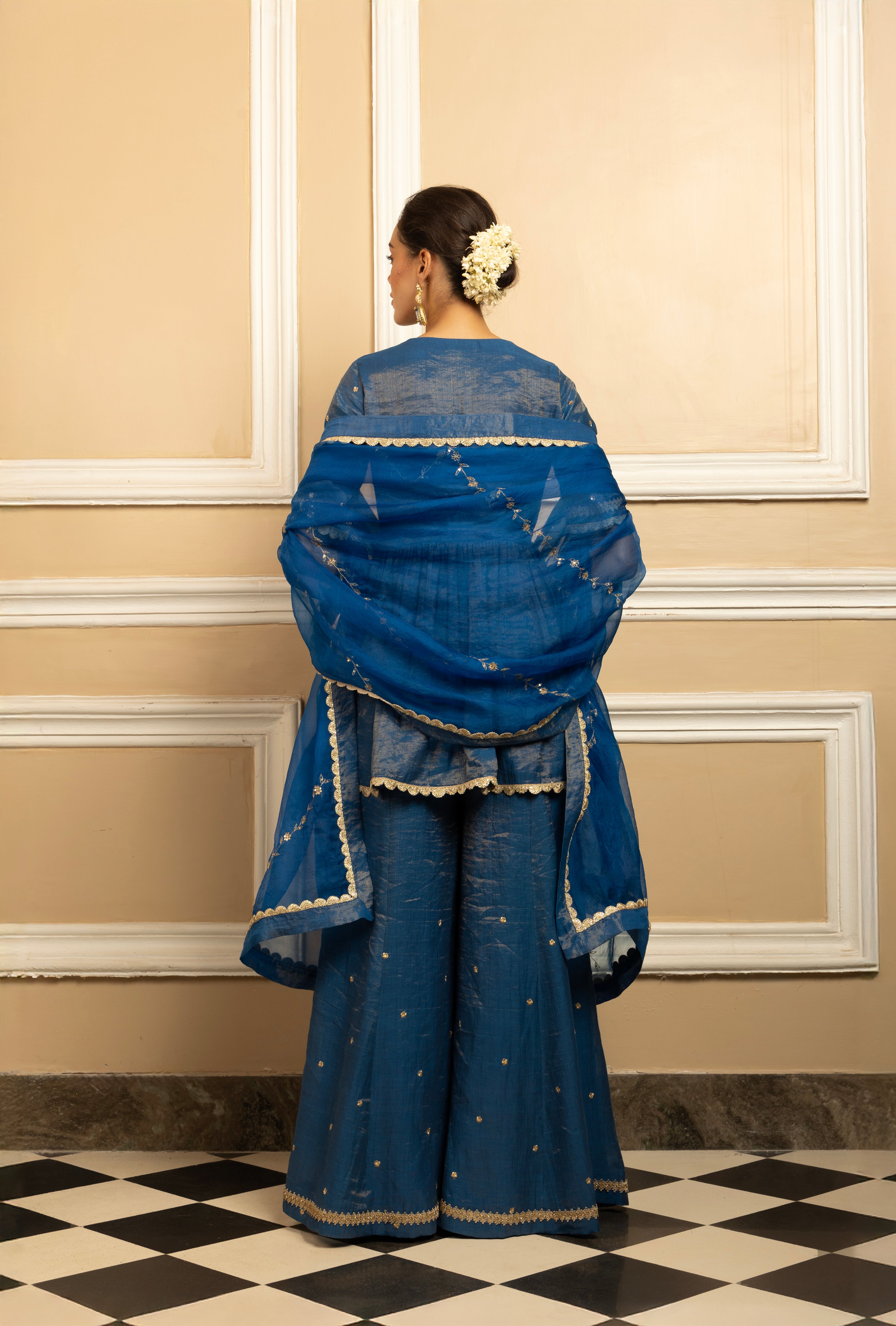 MEHER BLUE TISSUE CHANDERI HANDCRAFTED SHARARA SET (READY TO SHIP)