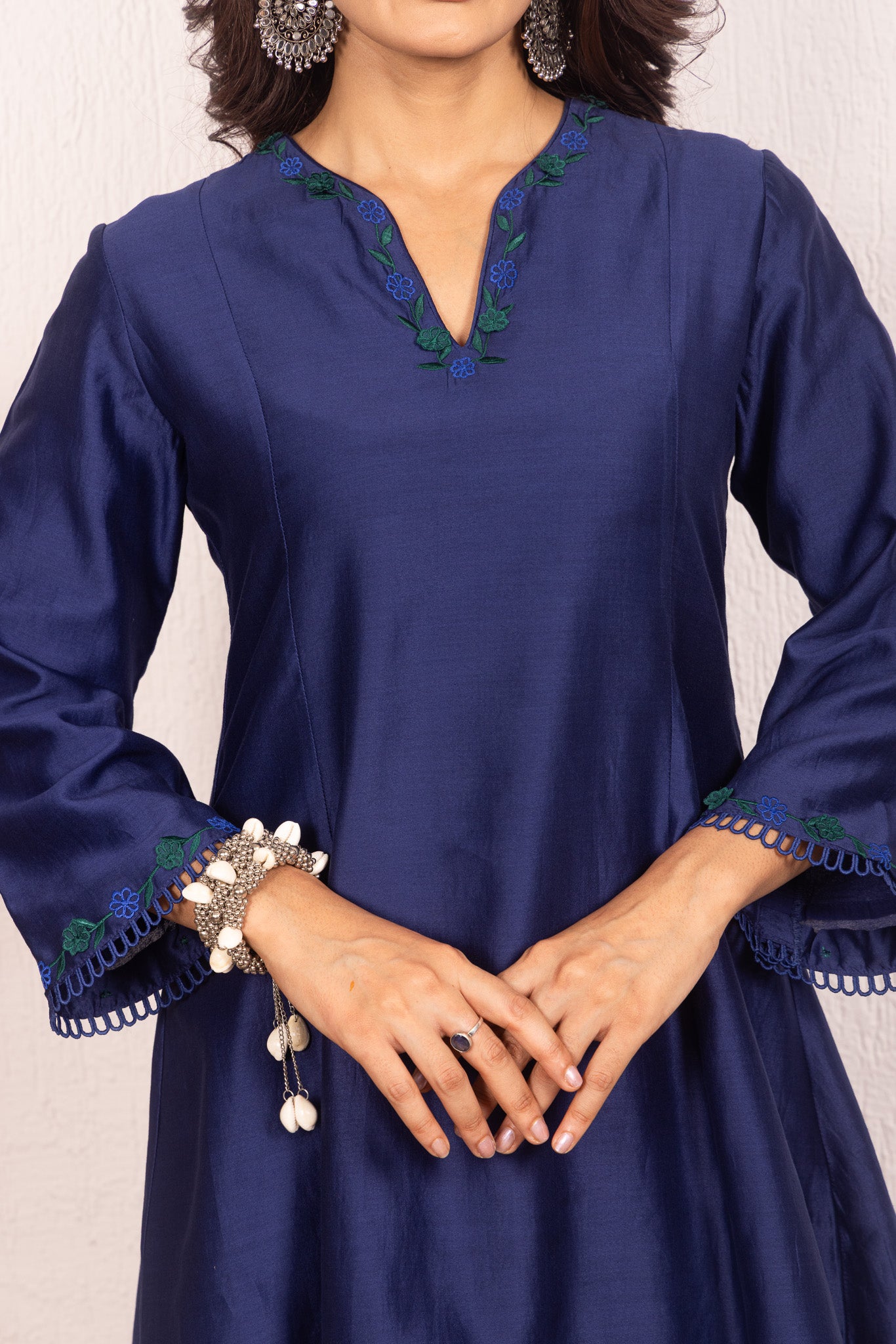 IRA BLUE SILK CHANDERI A-LINE SHORT HANDCRAFTED KURTA SET (READY TO SHIP)