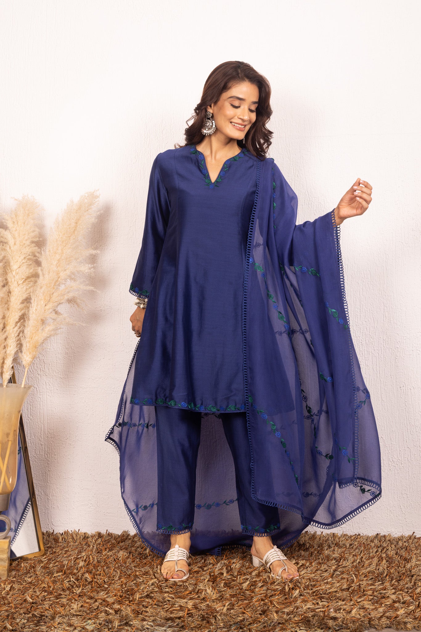 IRA BLUE SILK CHANDERI A-LINE SHORT HANDCRAFTED KURTA SET (READY TO SHIP)