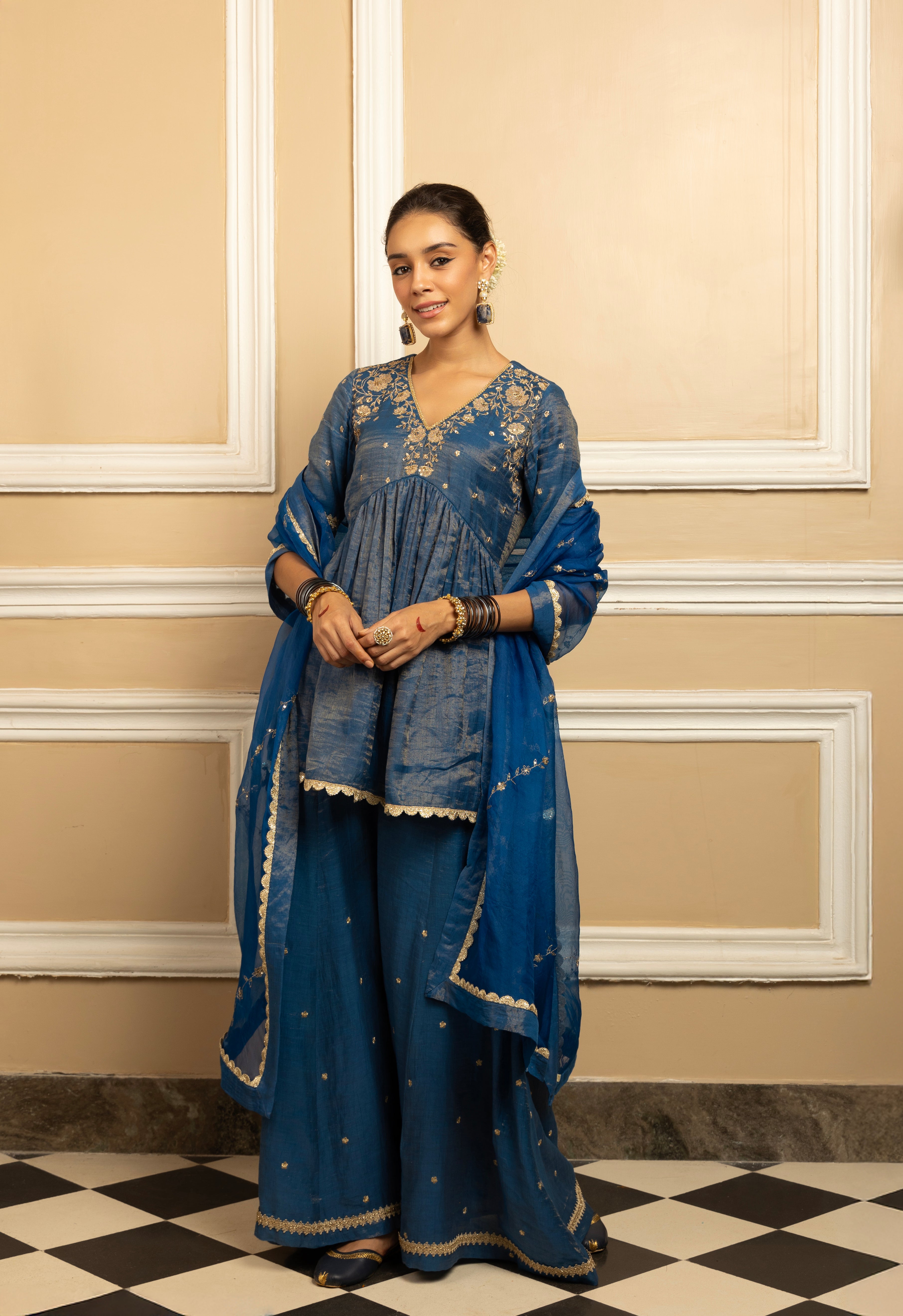 MEHER BLUE TISSUE CHANDERI HANDCRAFTED SHARARA SET (READY TO SHIP)