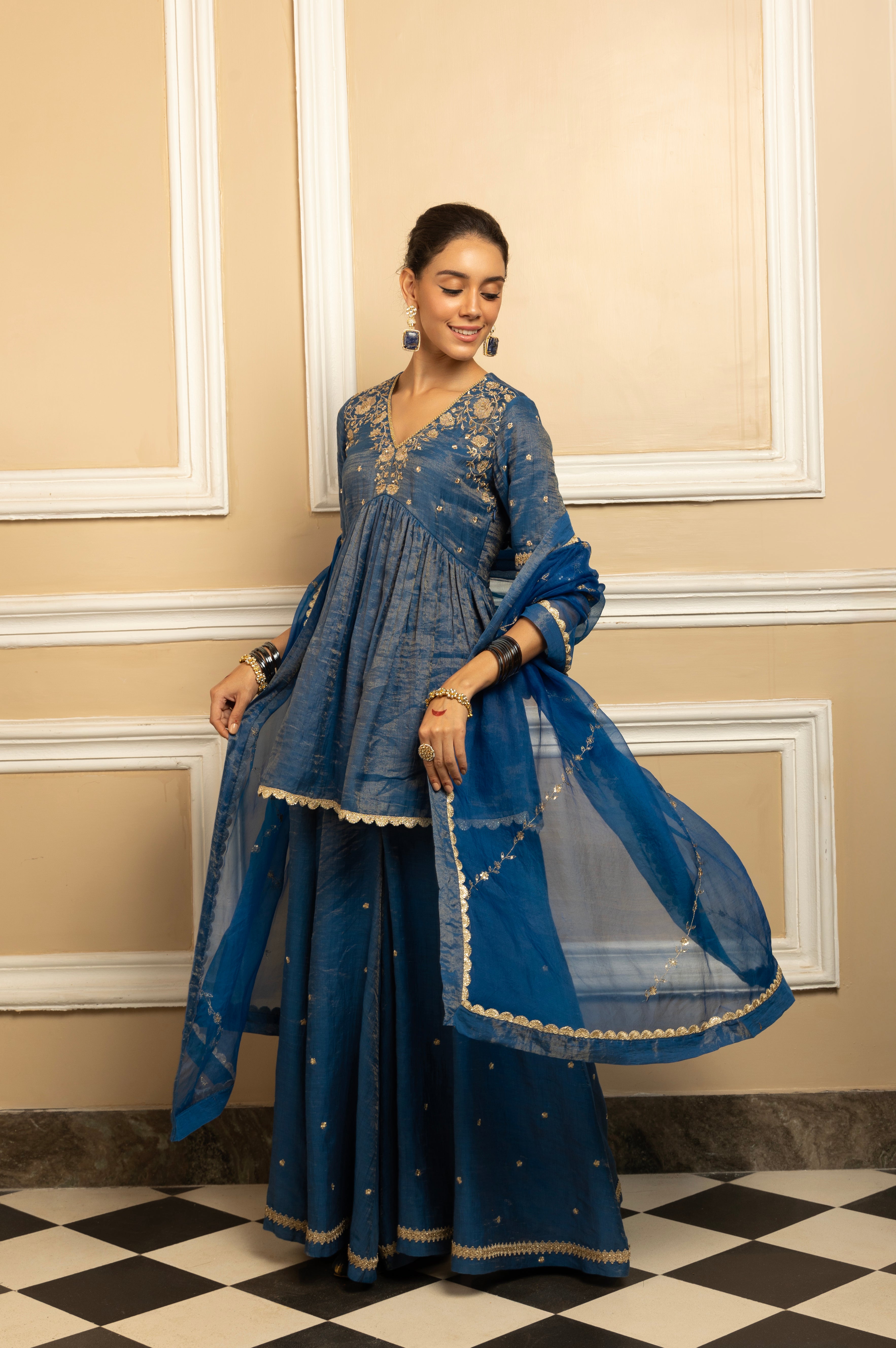 MEHER BLUE TISSUE CHANDERI HANDCRAFTED SHARARA SET (READY TO SHIP)
