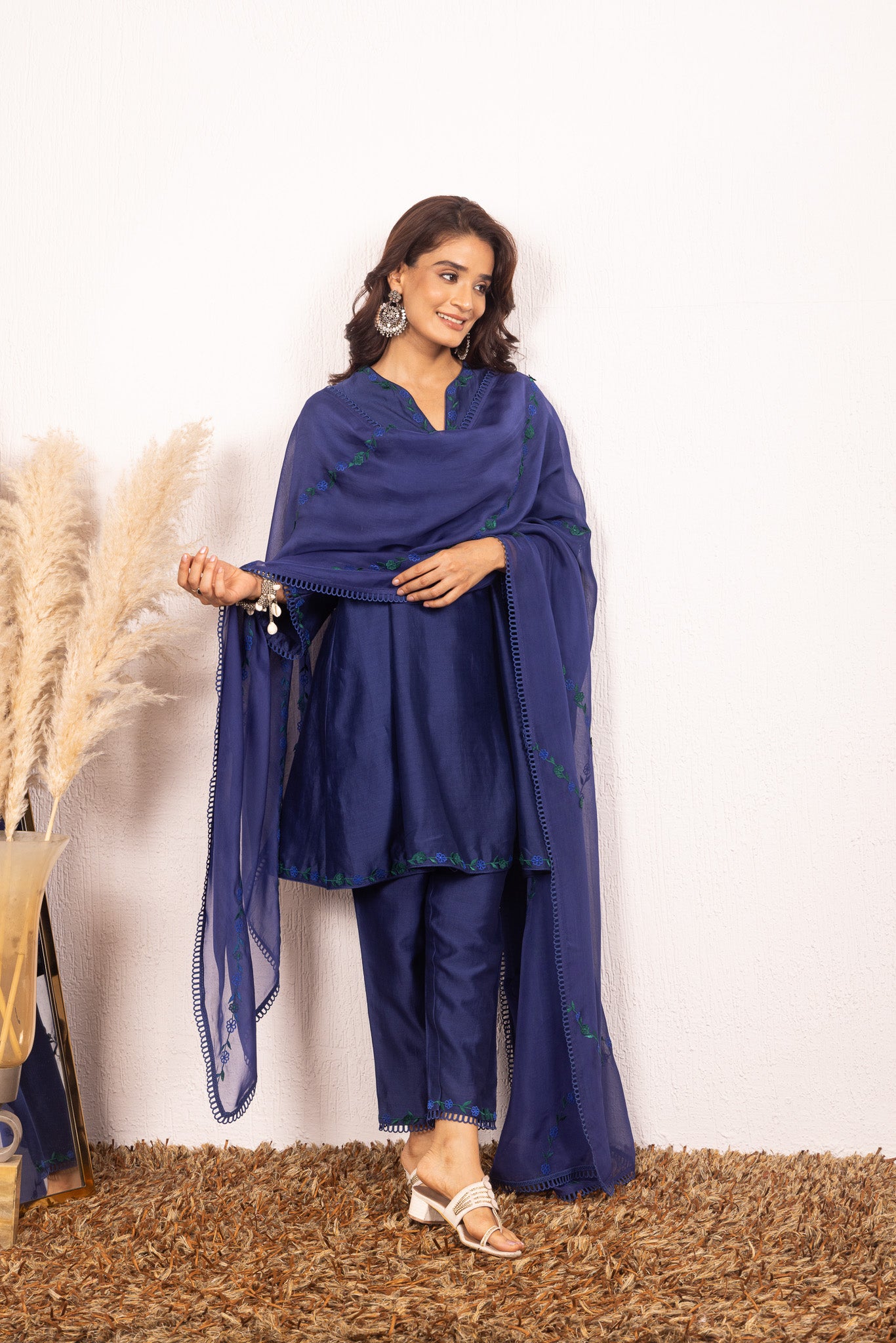 IRA BLUE SILK CHANDERI A-LINE SHORT HANDCRAFTED KURTA SET (READY TO SHIP)
