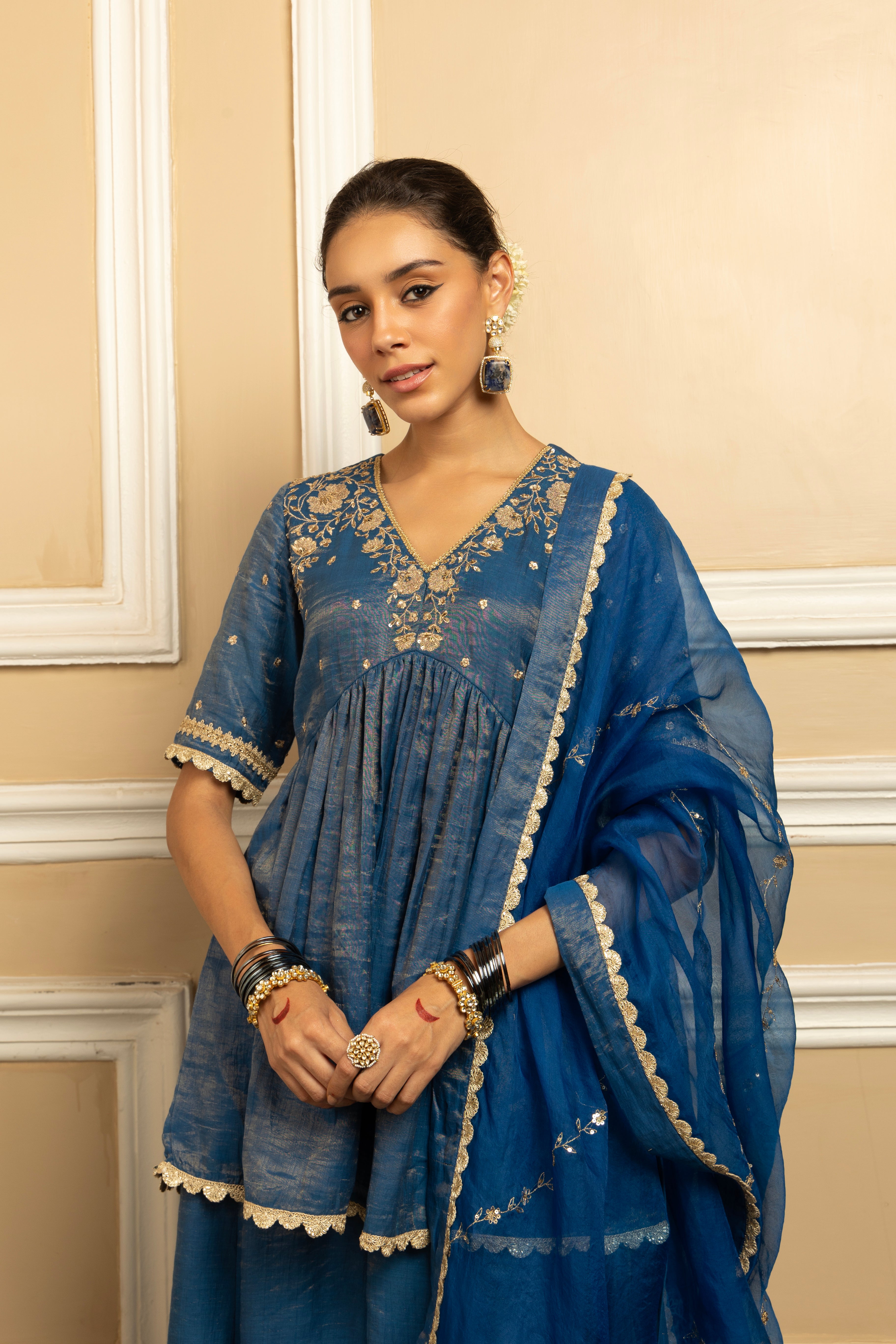 MEHER BLUE TISSUE CHANDERI HANDCRAFTED SHARARA SET (READY TO SHIP)