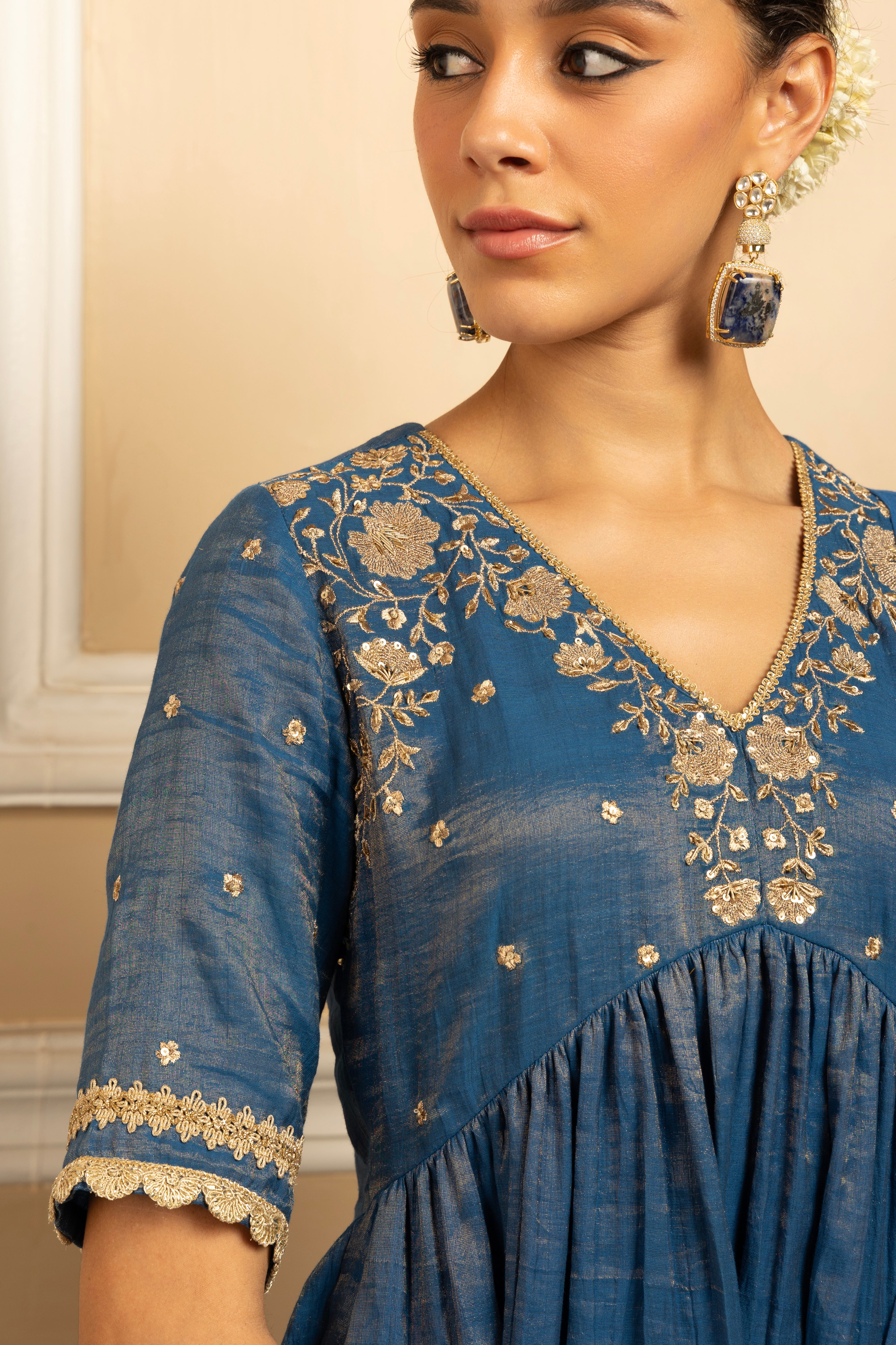 MEHER BLUE TISSUE CHANDERI HANDCRAFTED SHARARA SET (READY TO SHIP)