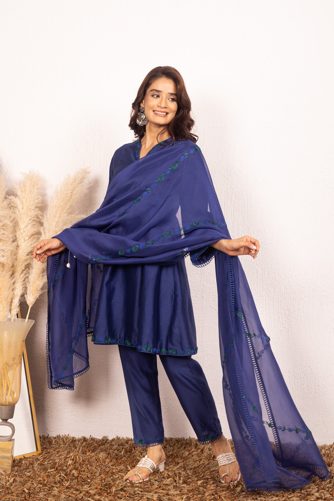 IRA BLUE SILK CHANDERI A-LINE SHORT HANDCRAFTED KURTA SET (READY TO SHIP)