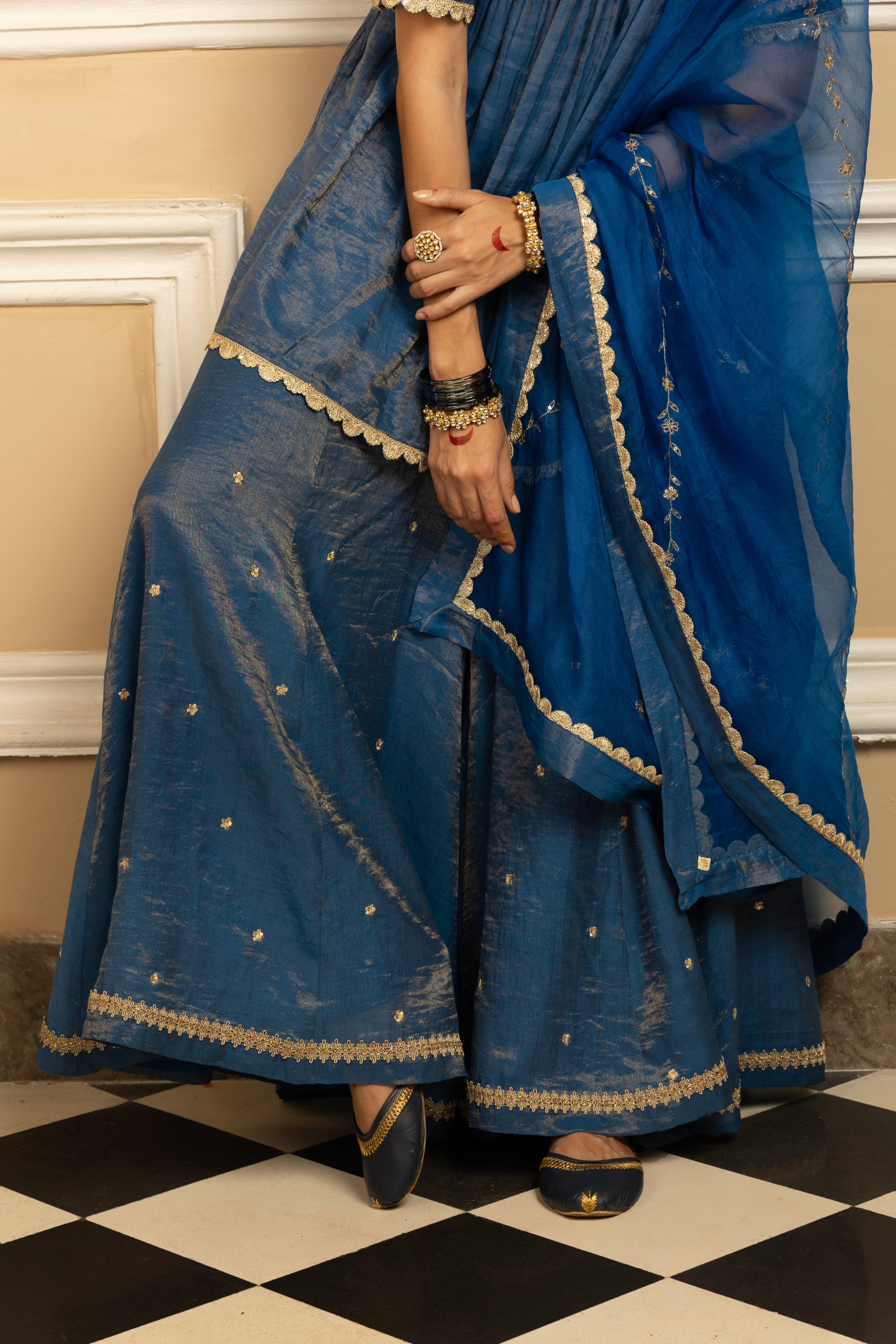 MEHER BLUE TISSUE CHANDERI HANDCRAFTED SHARARA SET (READY TO SHIP)