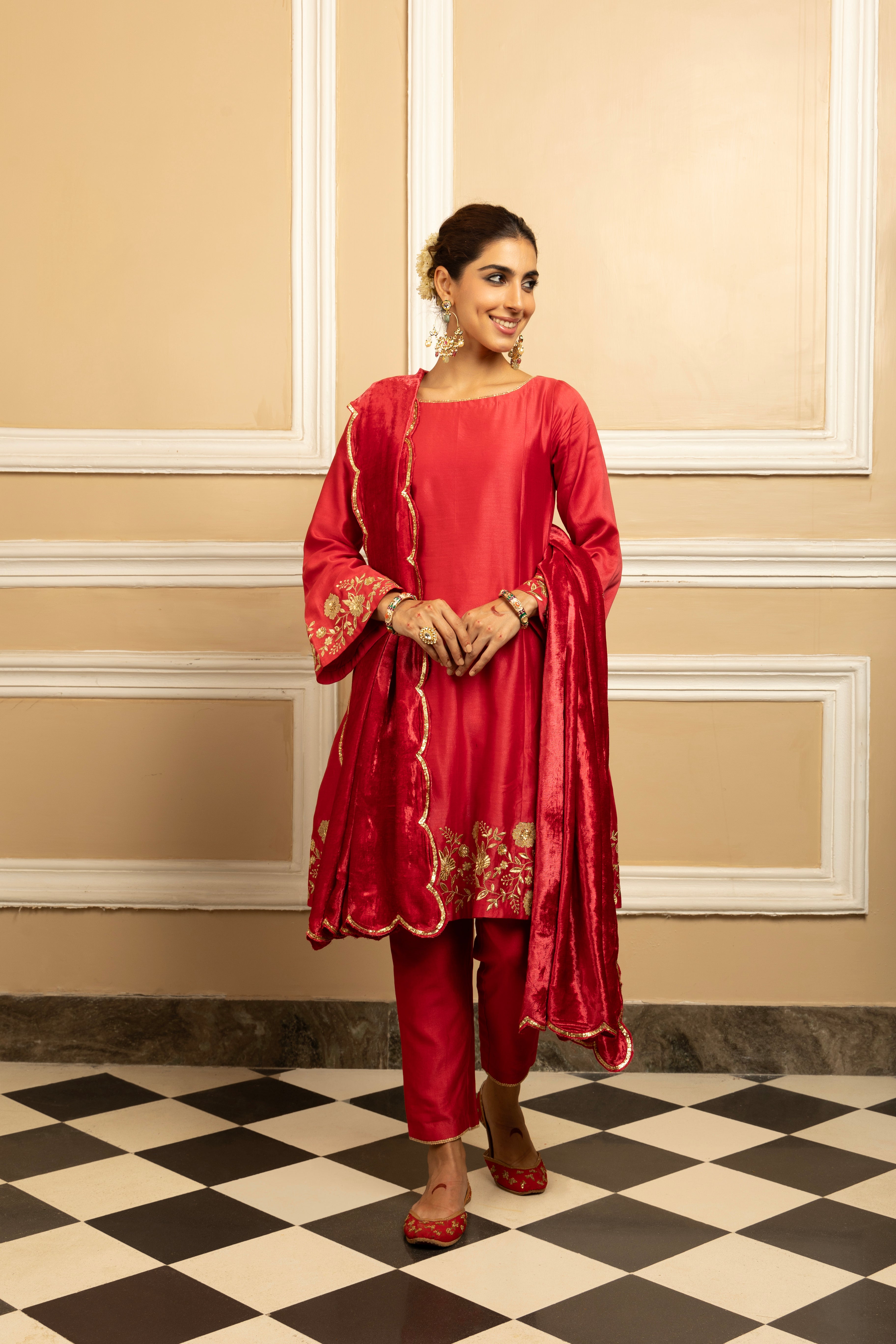 EKAYA RED SILK CHANDERI KURTA SET WITH VELVET HANDCRAFTED SHAWL (READY TO SHIP)
