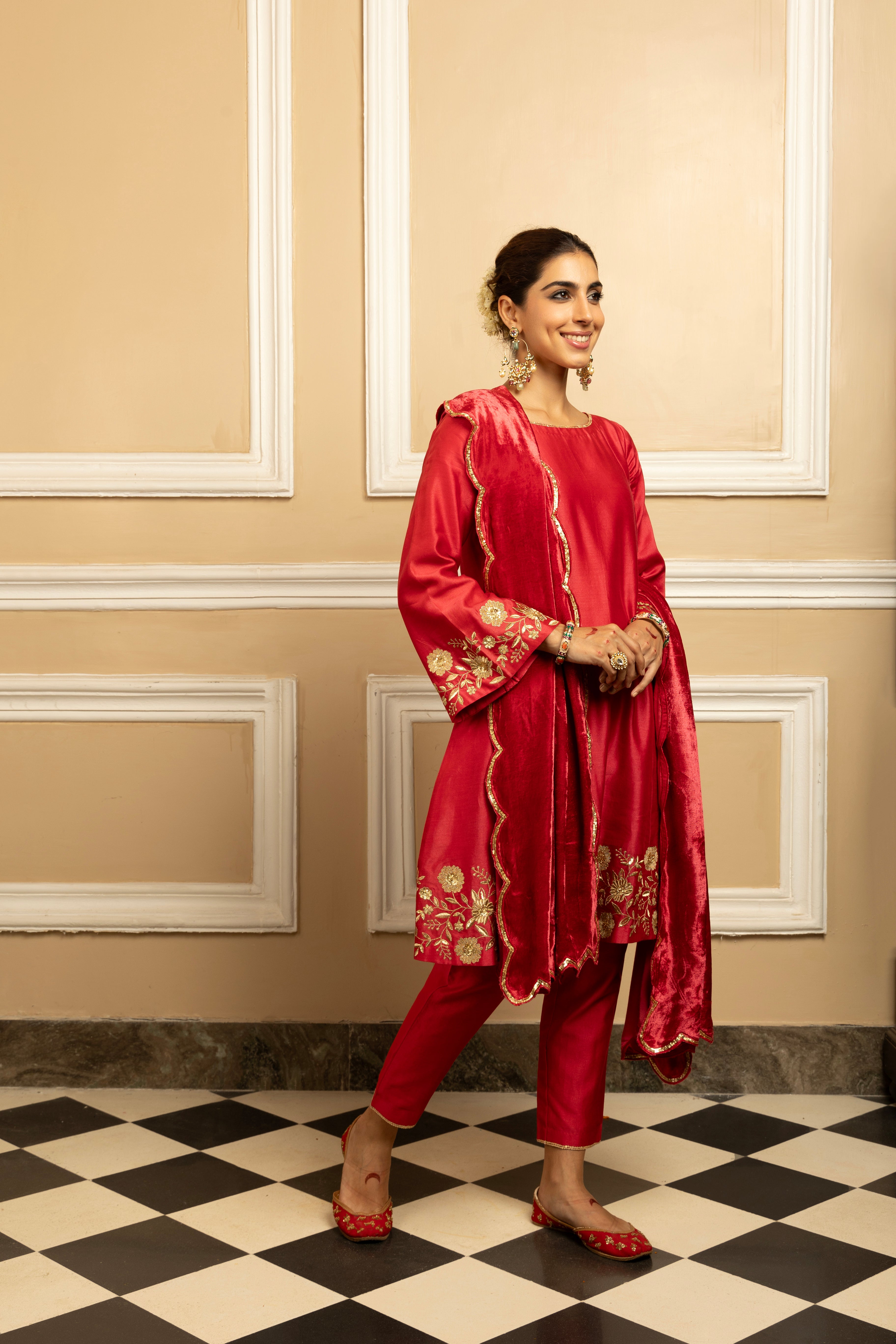 EKAYA RED SILK CHANDERI KURTA SET WITH VELVET HANDCRAFTED SHAWL (READY TO SHIP)
